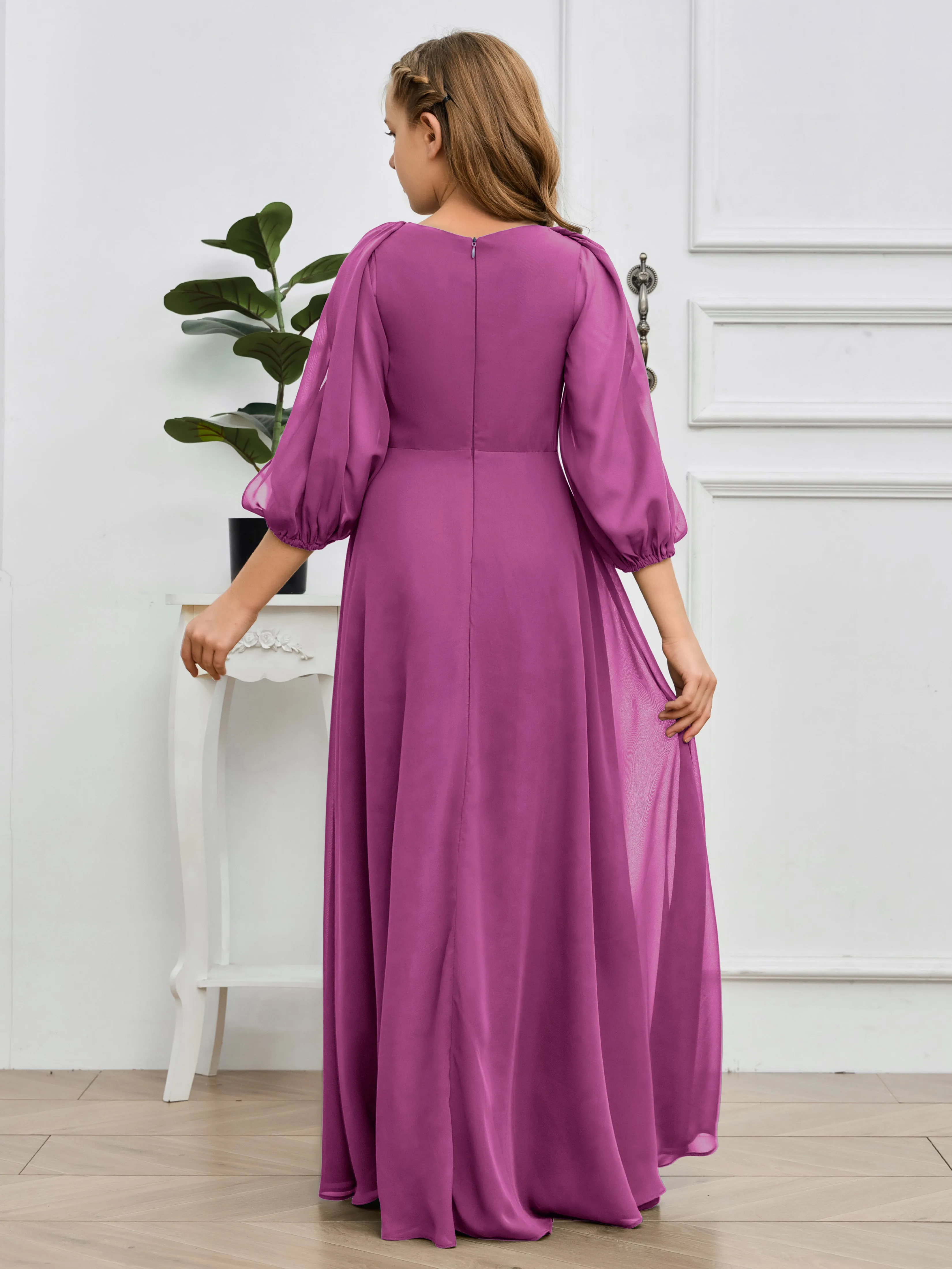 Long Sleeves V Neck Chiffon Junior Bridesmaid Dress