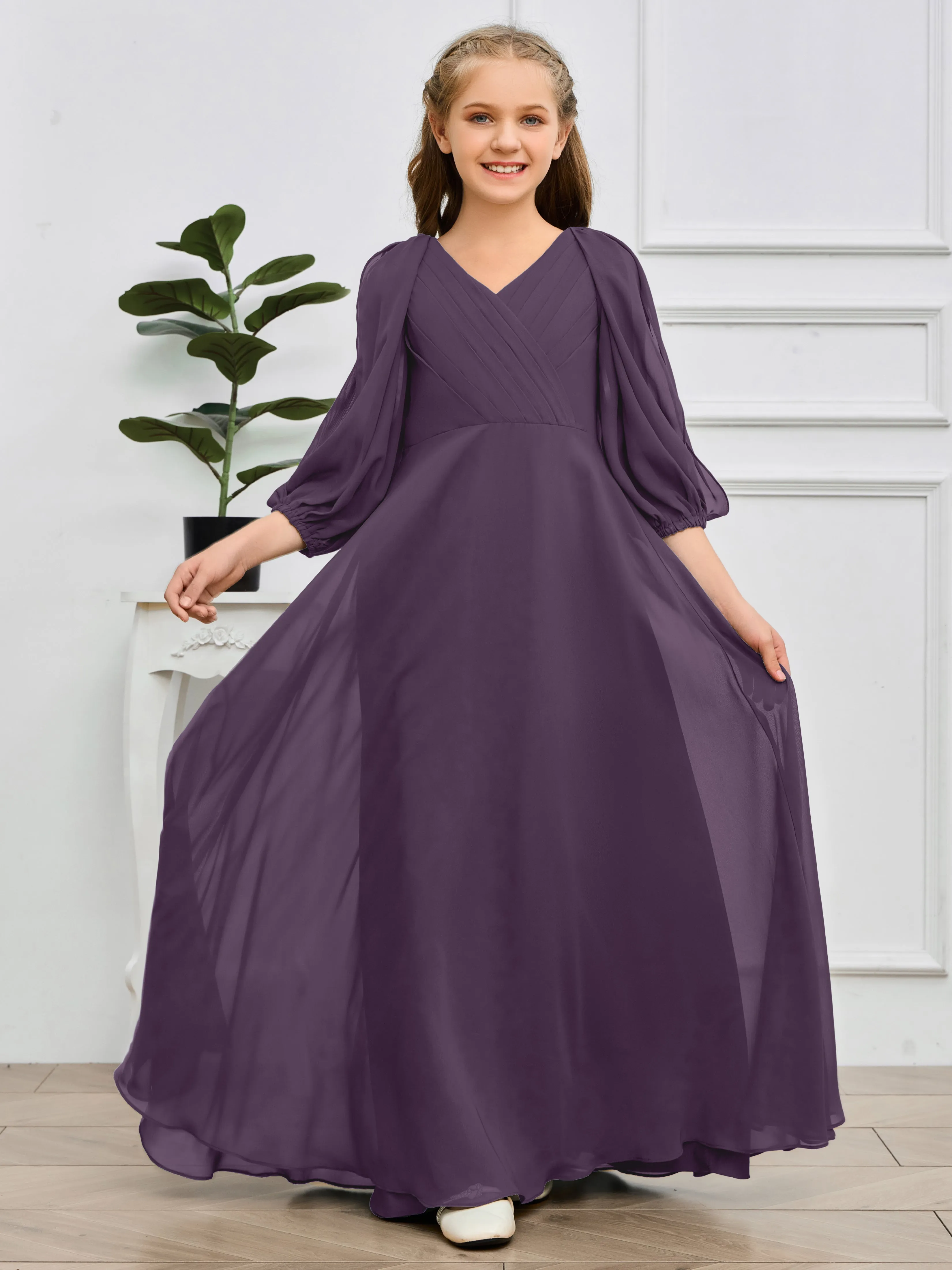 Long Sleeves V Neck Chiffon Junior Bridesmaid Dress