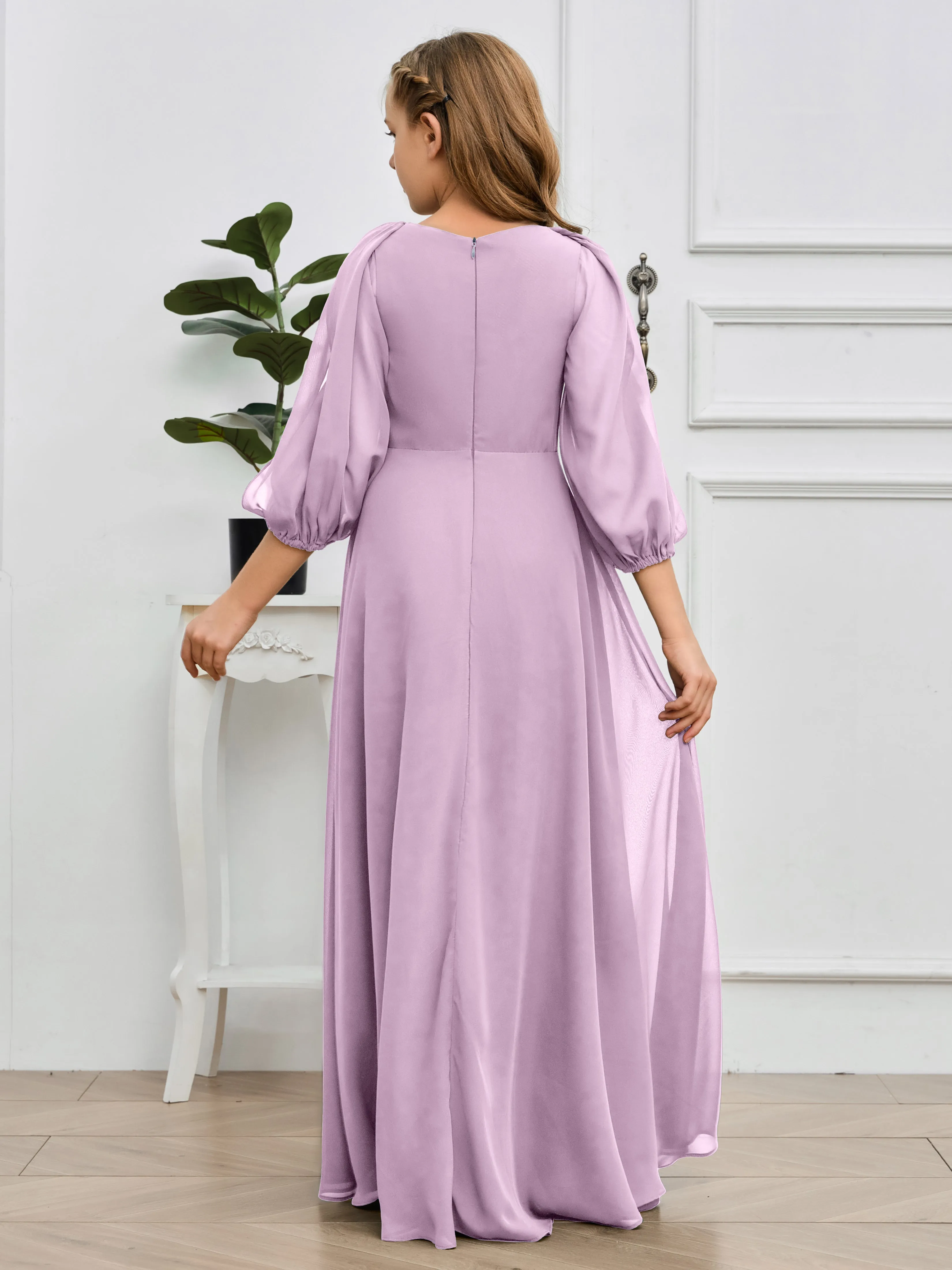 Long Sleeves V Neck Chiffon Junior Bridesmaid Dress