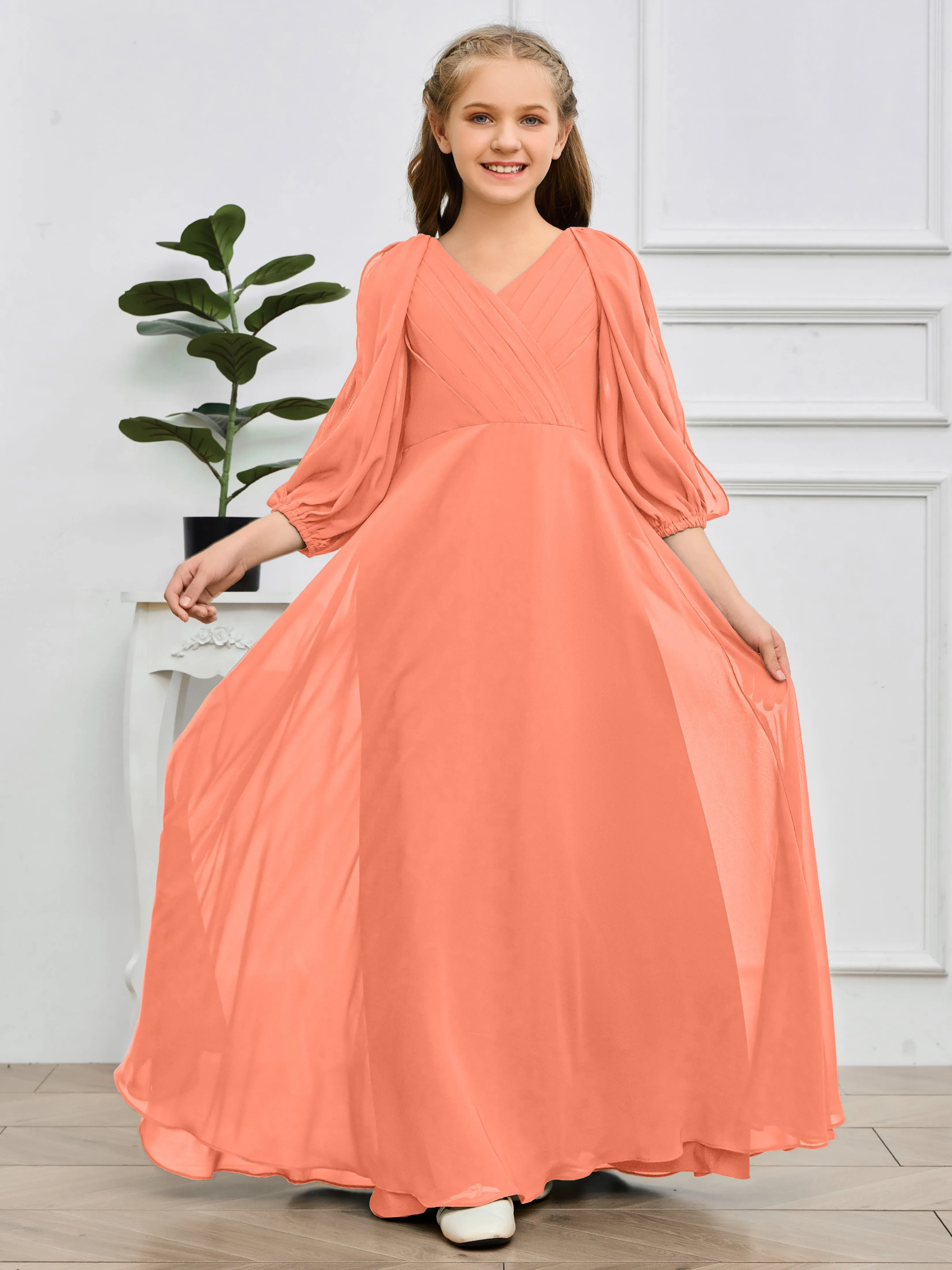 Long Sleeves V Neck Chiffon Junior Bridesmaid Dress