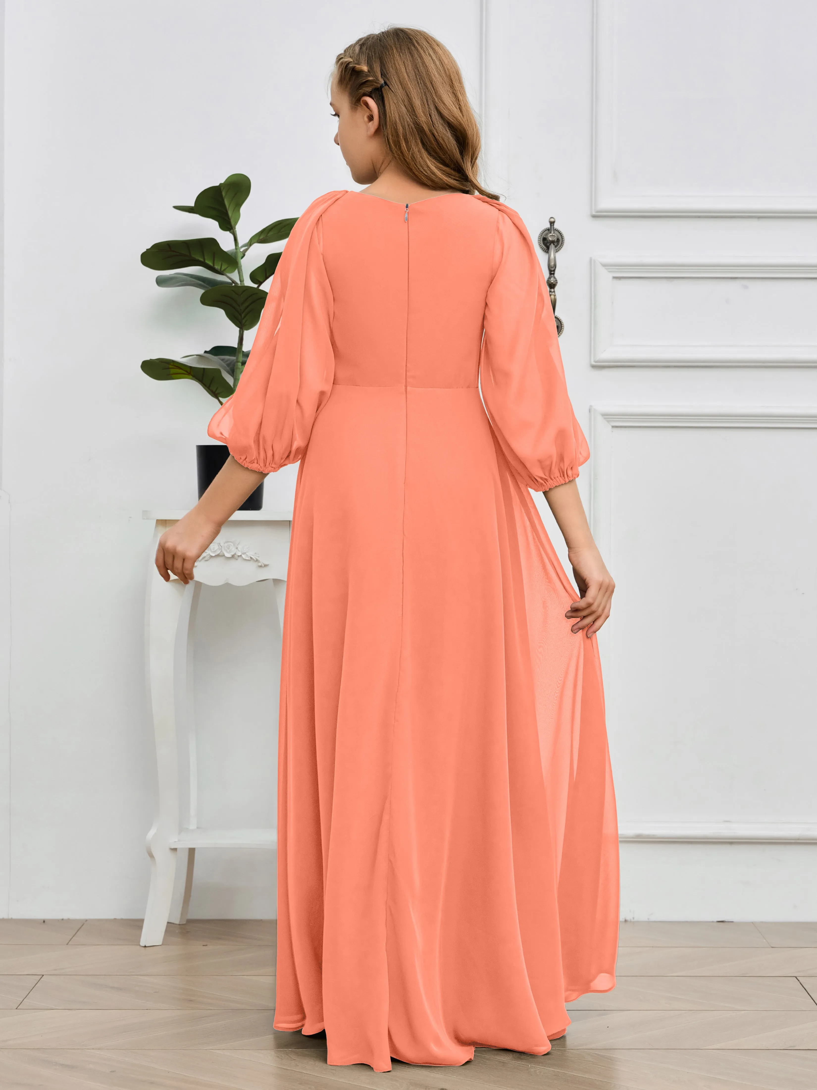 Long Sleeves V Neck Chiffon Junior Bridesmaid Dress