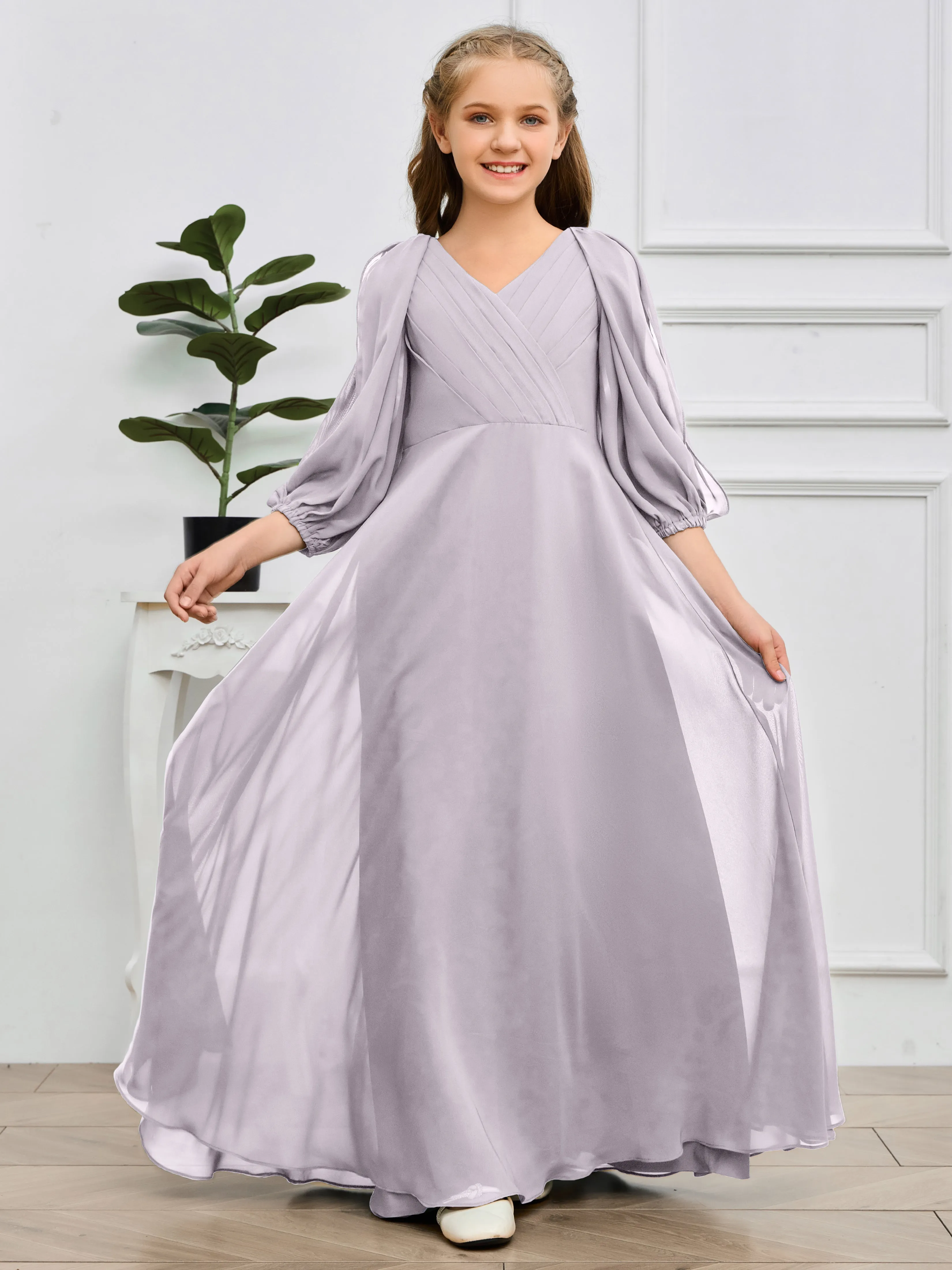 Long Sleeves V Neck Chiffon Junior Bridesmaid Dress