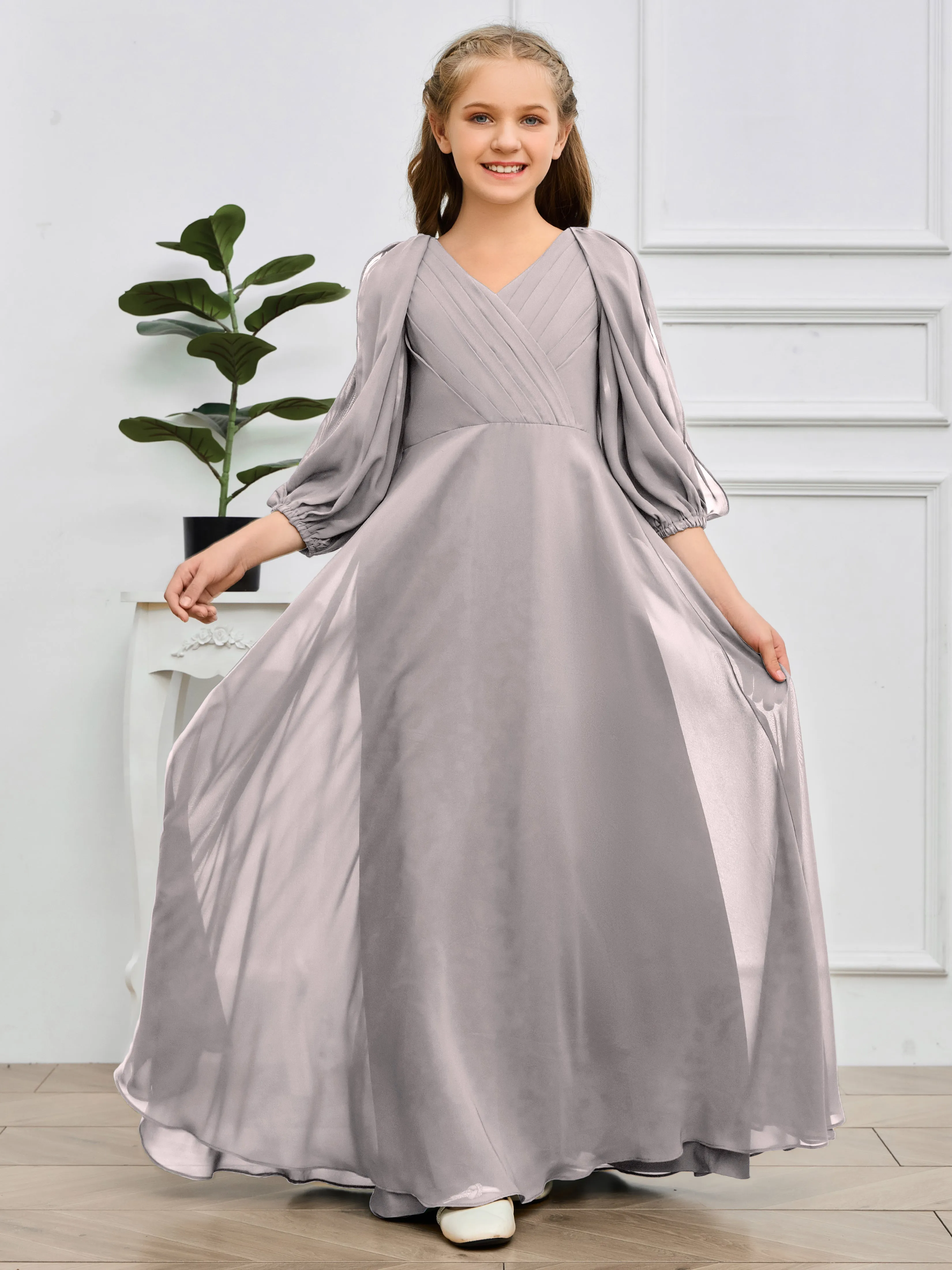 Long Sleeves V Neck Chiffon Junior Bridesmaid Dress