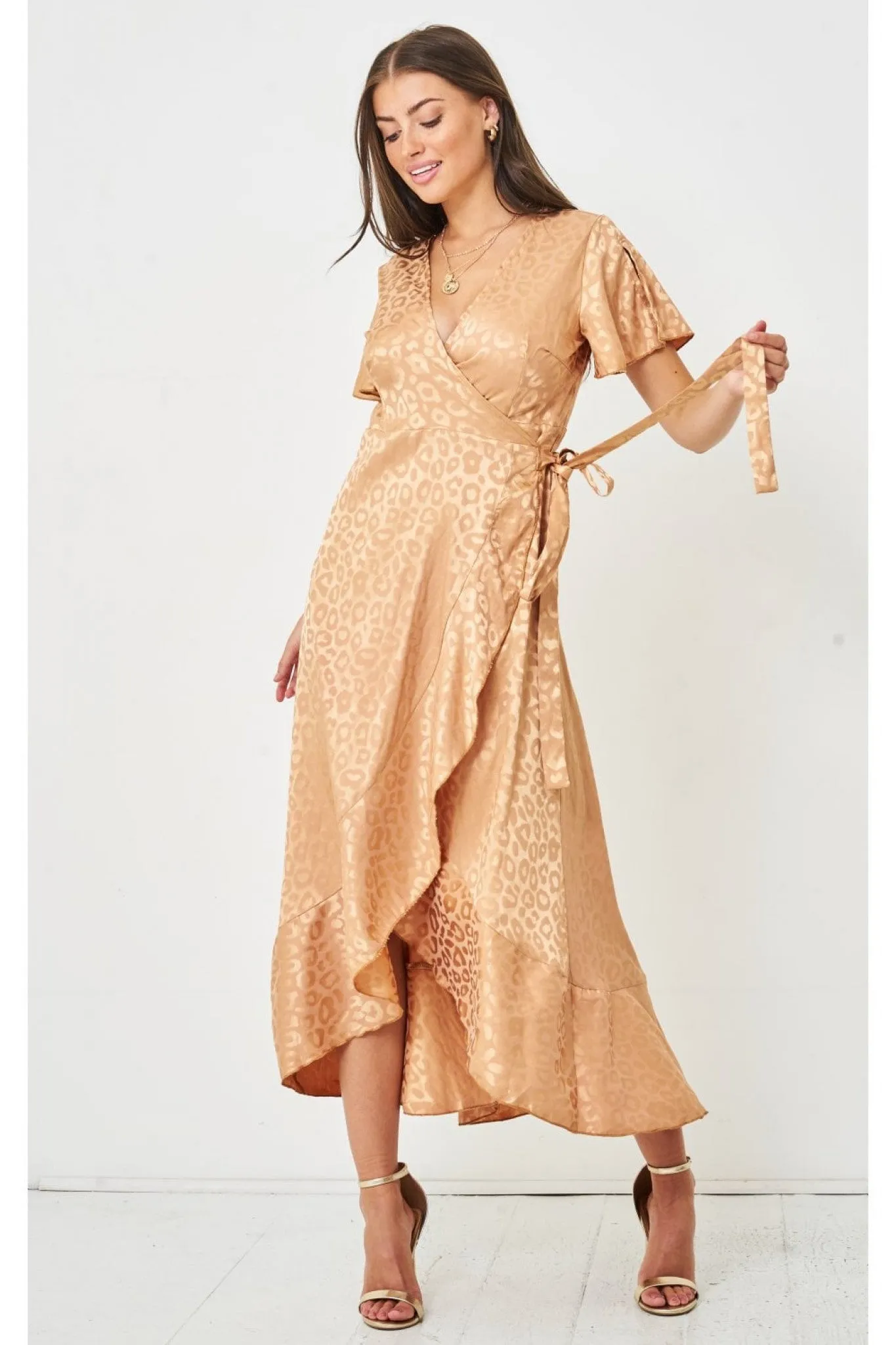 Love Frontrow Gold Jacquard Leopard Print Sleeve Wrap Dress