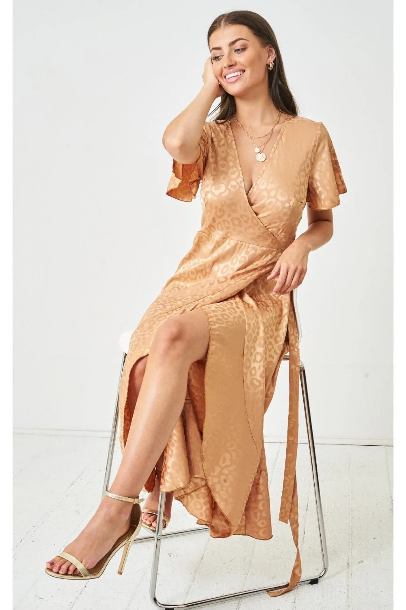 Love Frontrow Gold Jacquard Leopard Print Sleeve Wrap Dress