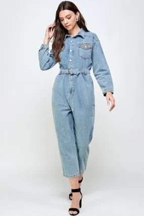 LP1096 jewerly details sleeves denim  jumpsuit