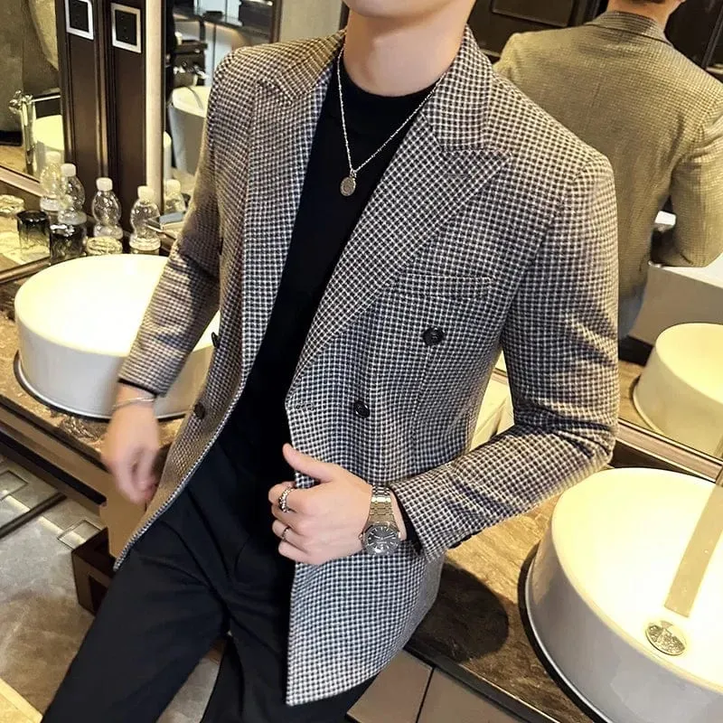 Luxury British Style Men's Double Breasted Slim Fit Houndstooth Blazer Dress Jacket