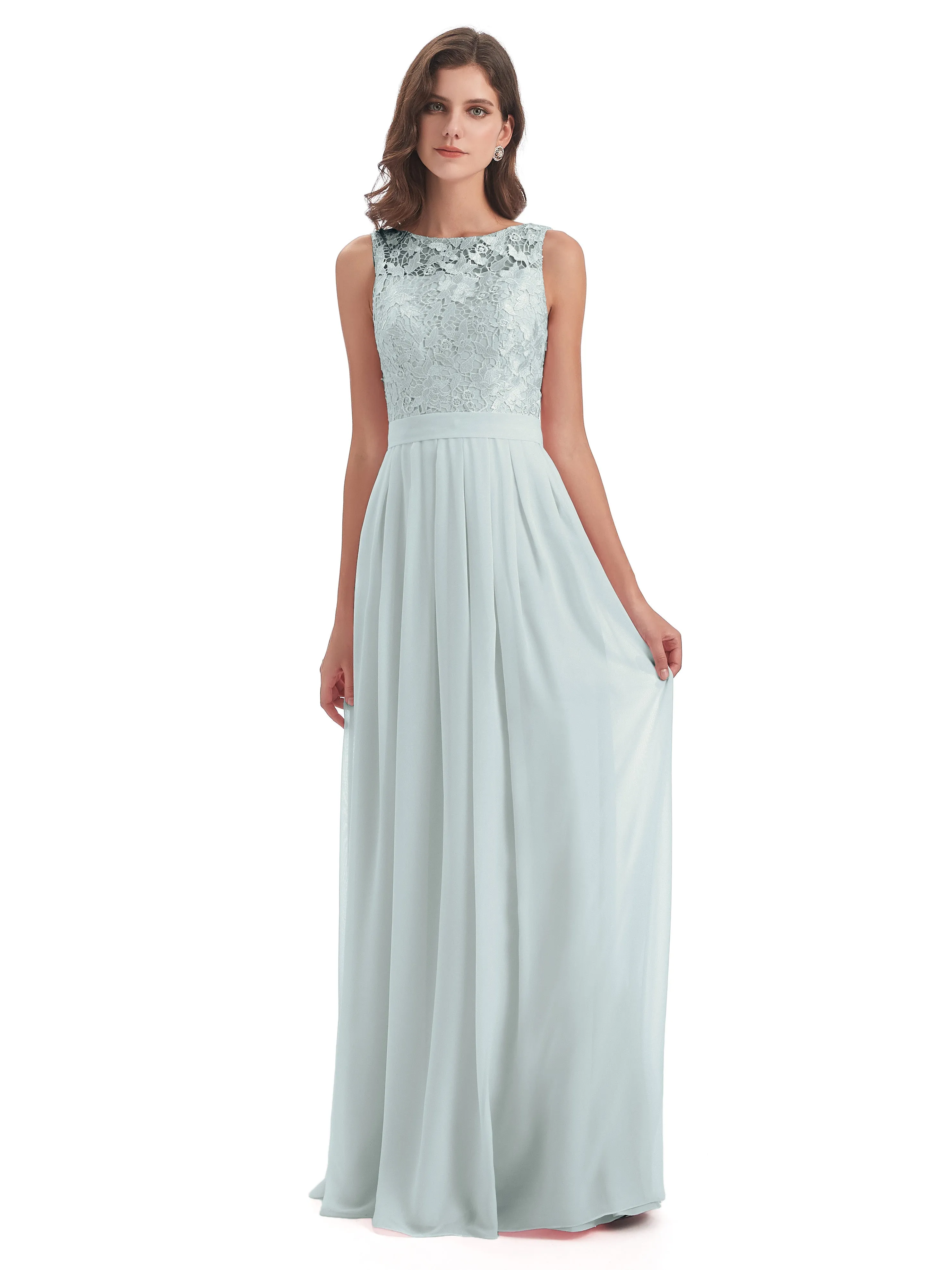 Mabel Illusion Floor-Length Lace/Chiffon Bridesmaid Dresses