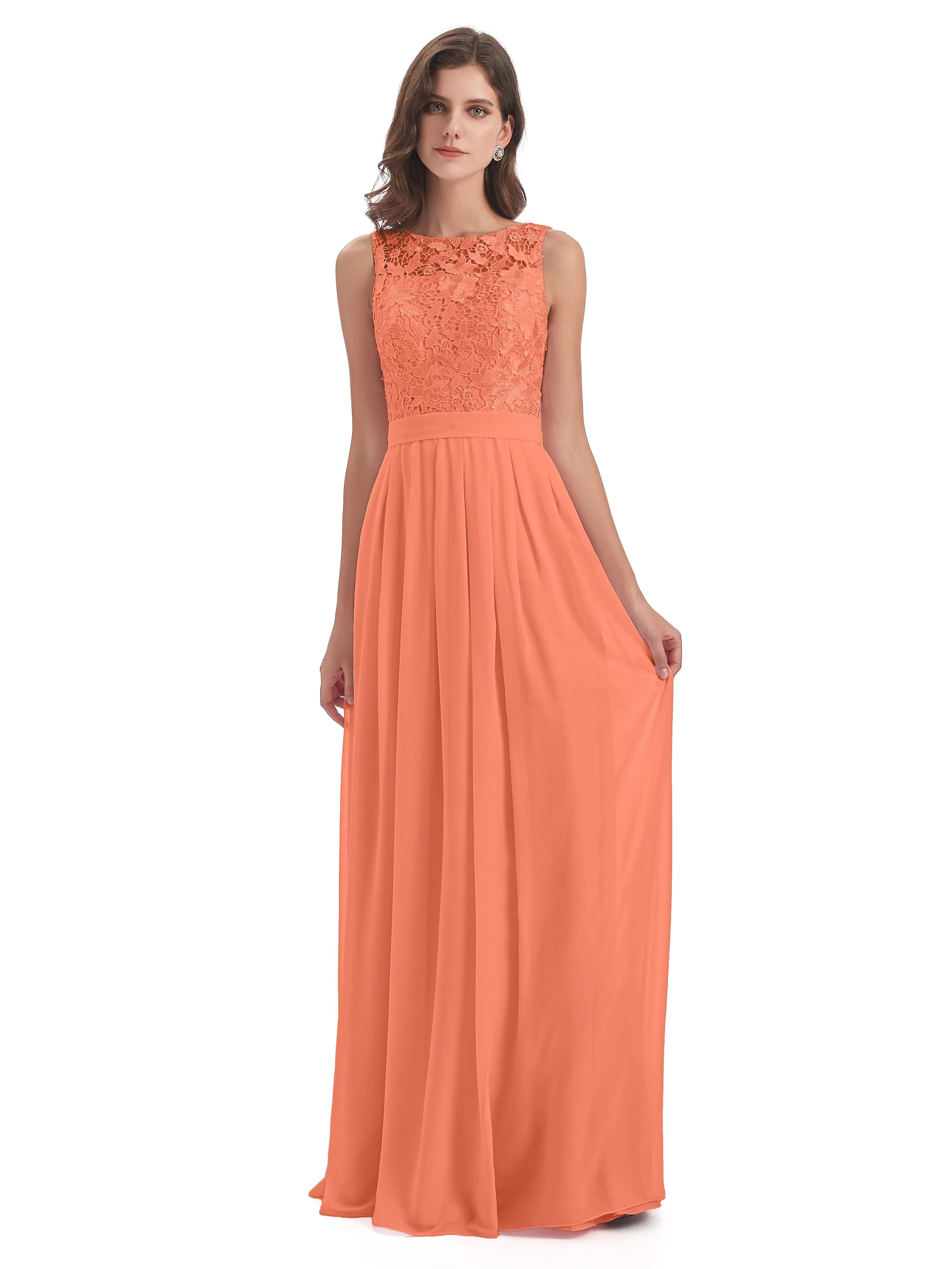 Mabel Illusion Floor-Length Lace/Chiffon Bridesmaid Dresses