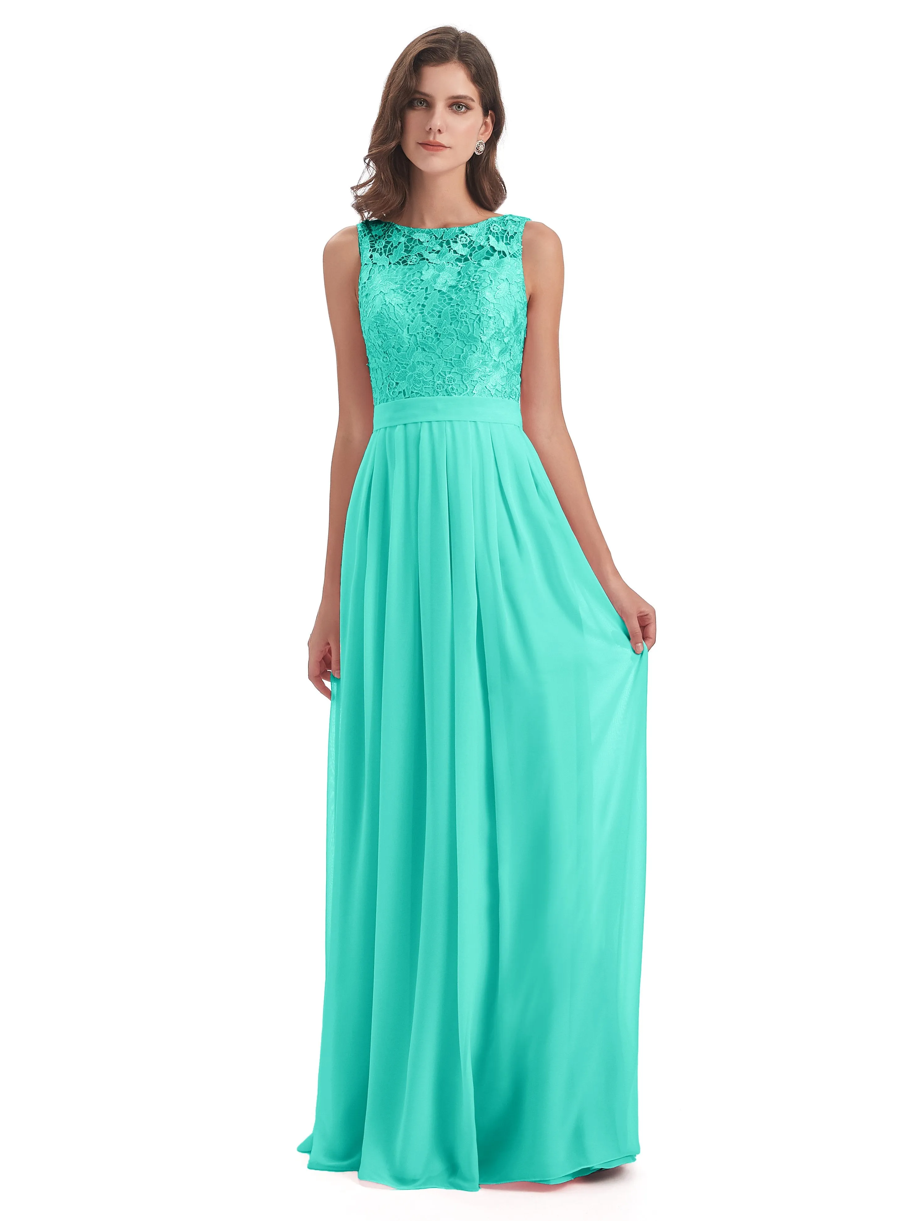 Mabel Illusion Floor-Length Lace/Chiffon Bridesmaid Dresses