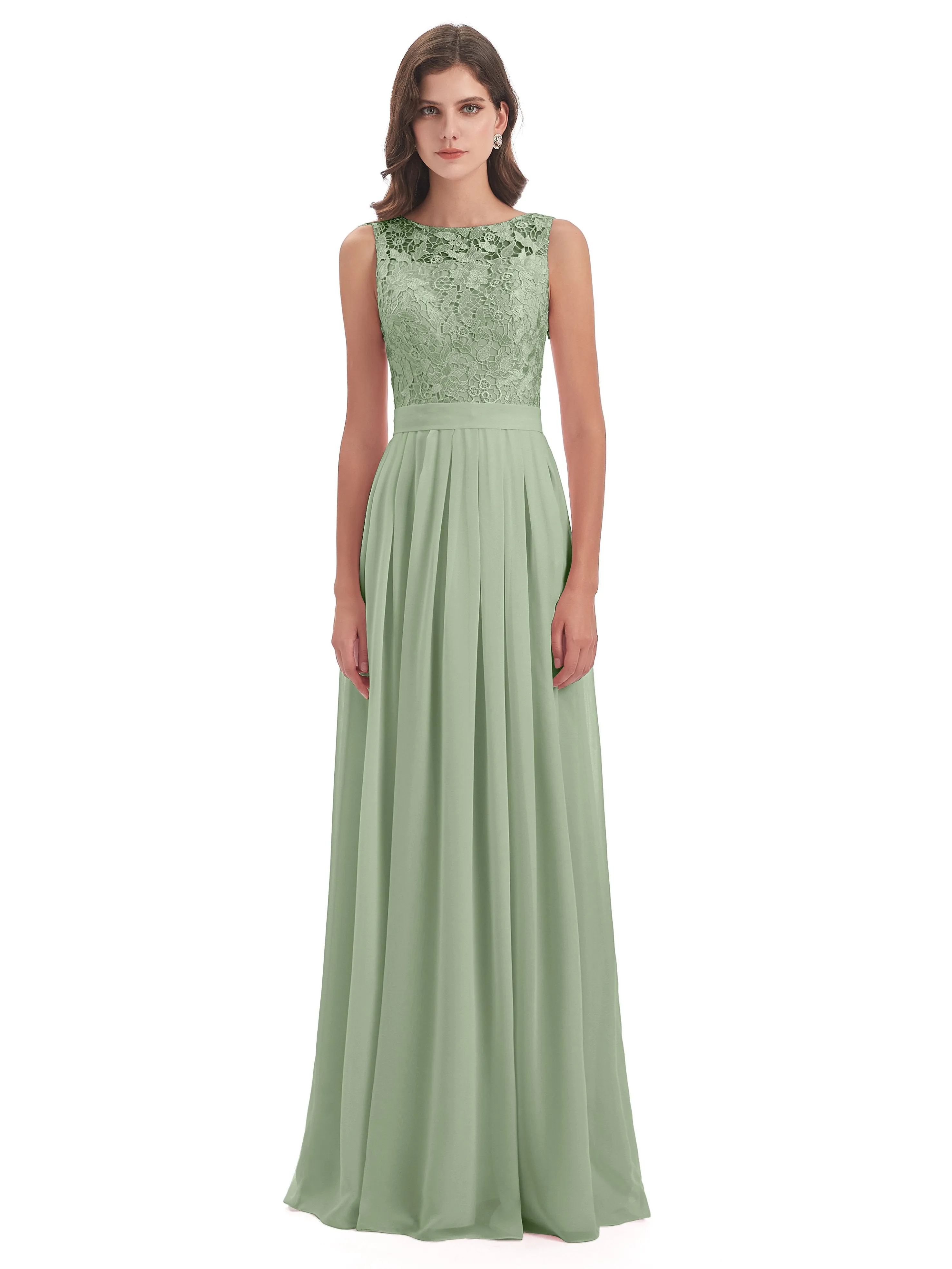 Mabel Illusion Floor-Length Lace/Chiffon Bridesmaid Dresses