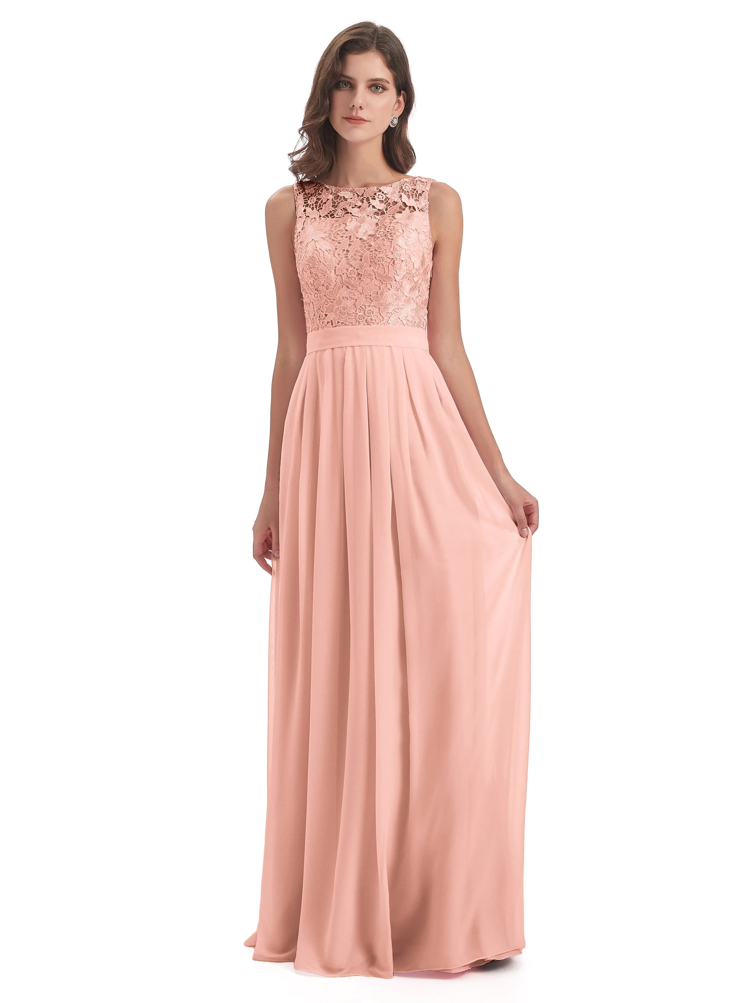 Mabel Illusion Floor-Length Lace/Chiffon Bridesmaid Dresses