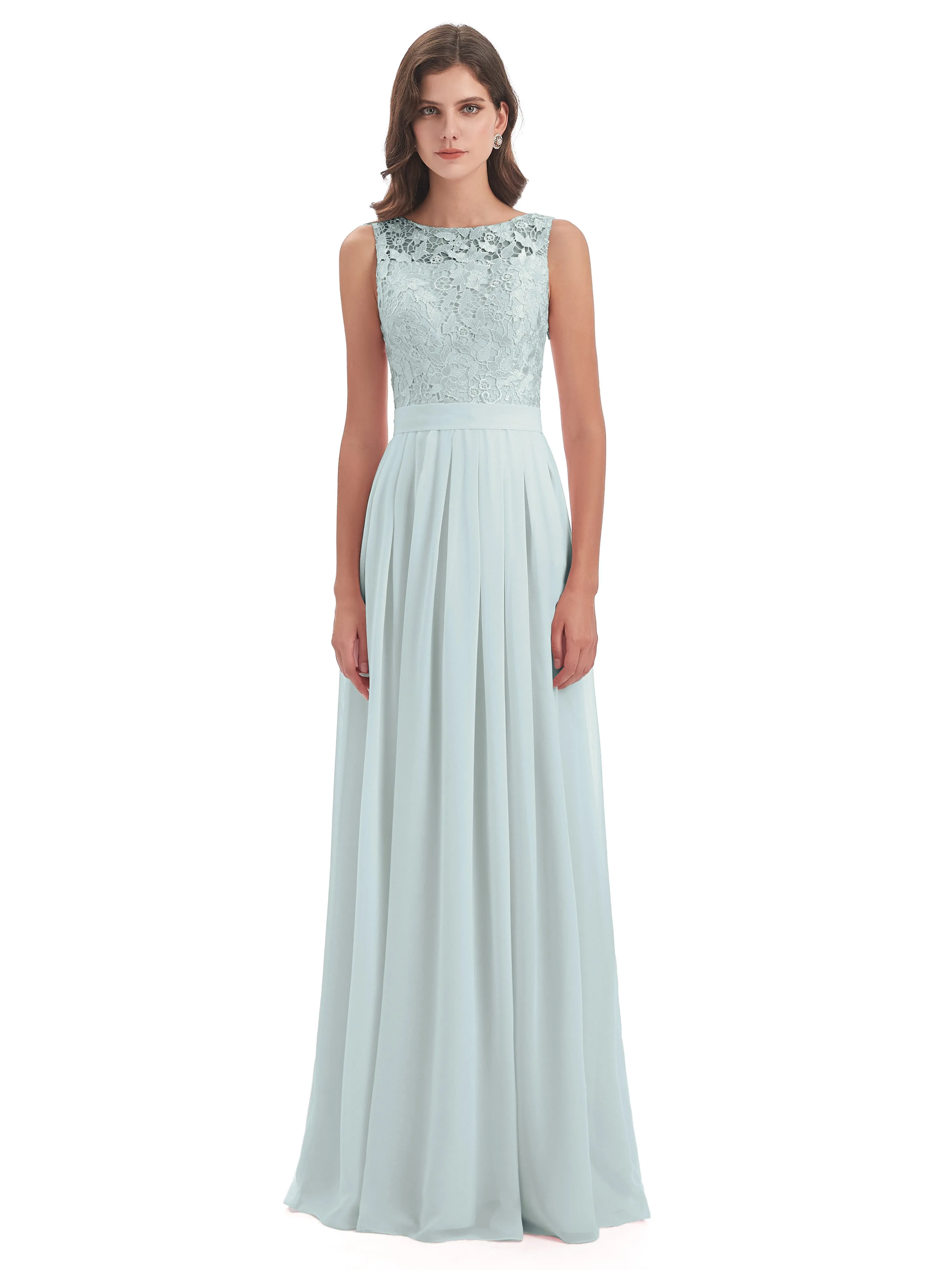 Mabel Illusion Floor-Length Lace/Chiffon Bridesmaid Dresses