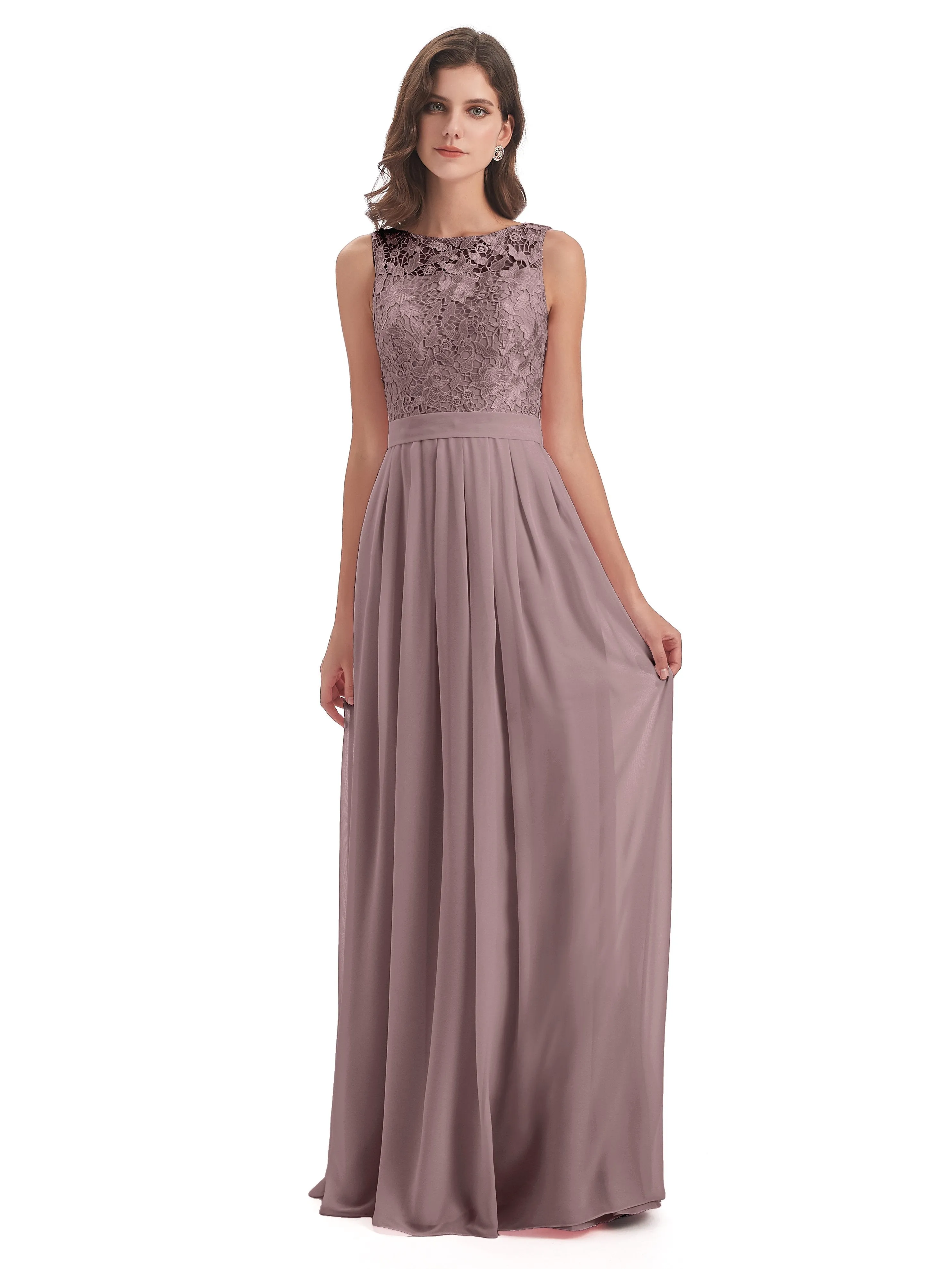 Mabel Illusion Floor-Length Lace/Chiffon Bridesmaid Dresses