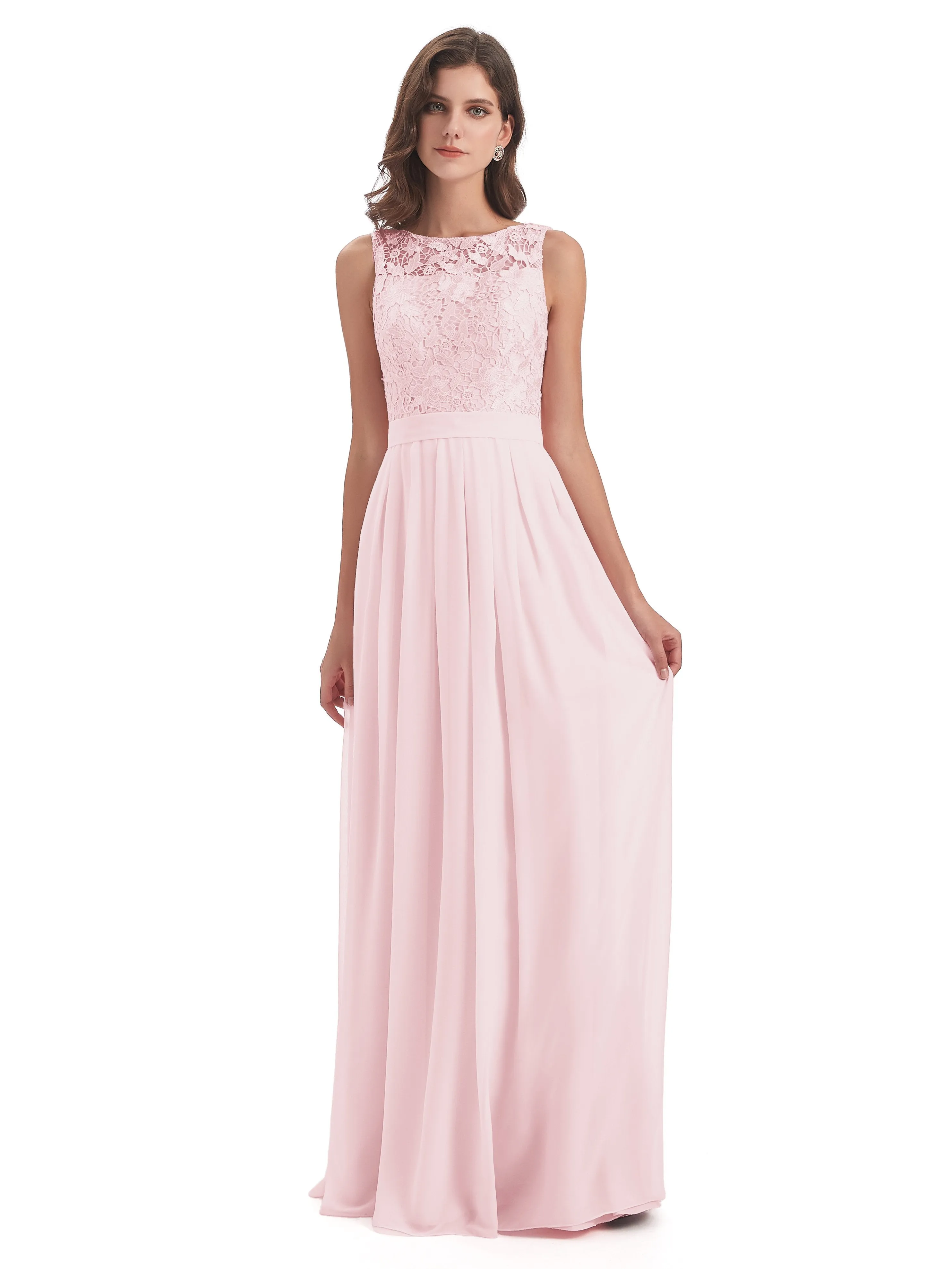 Mabel Illusion Floor-Length Lace/Chiffon Bridesmaid Dresses