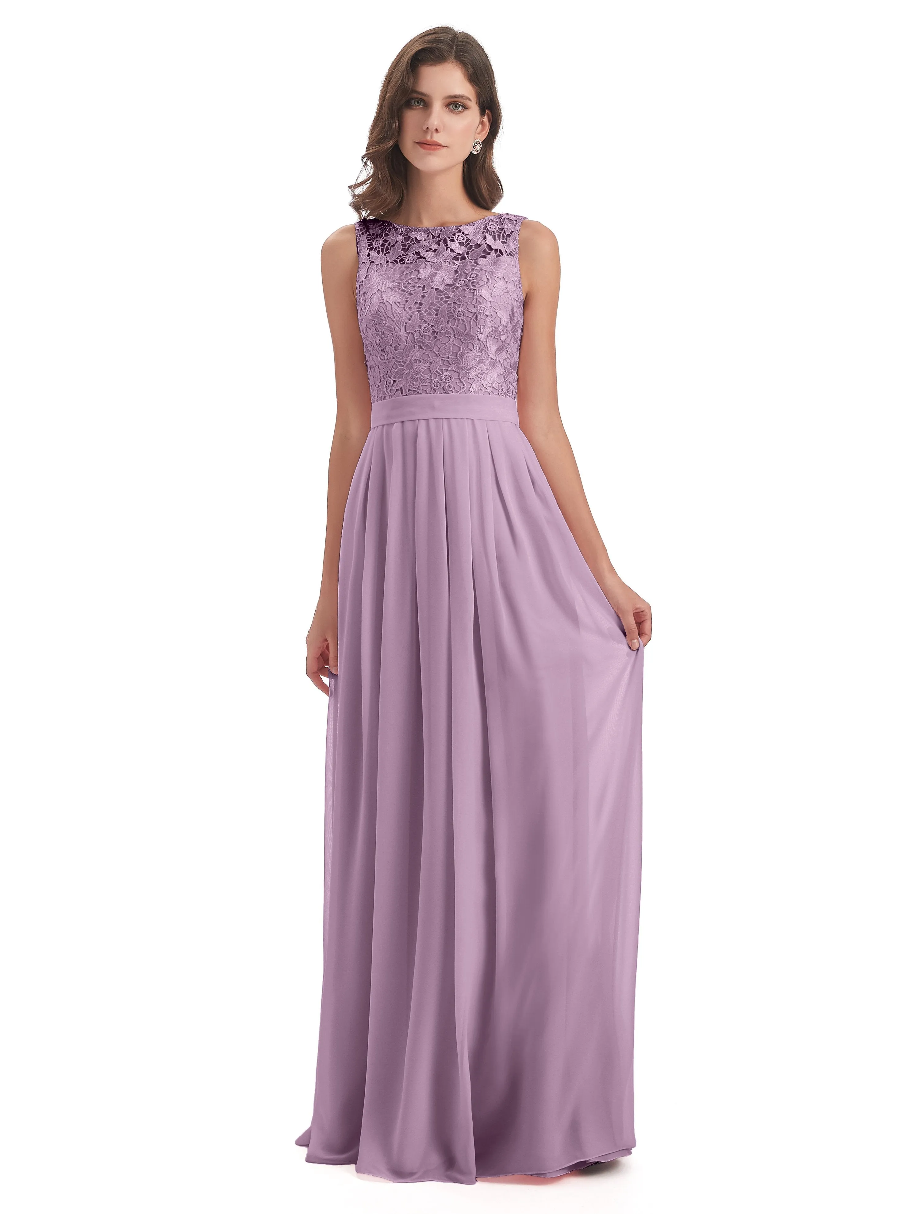 Mabel Illusion Floor-Length Lace/Chiffon Bridesmaid Dresses