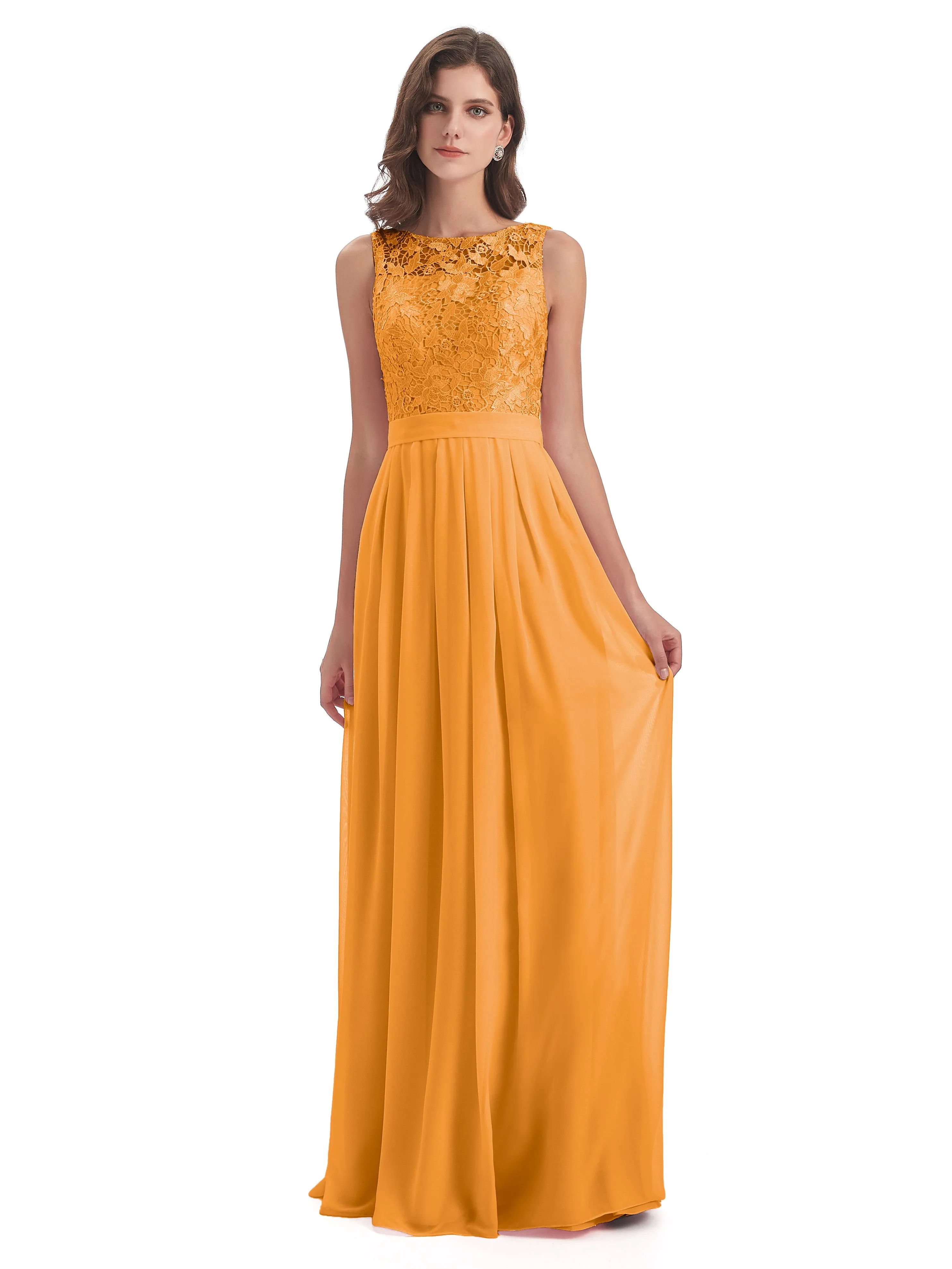 Mabel Illusion Floor-Length Lace/Chiffon Bridesmaid Dresses