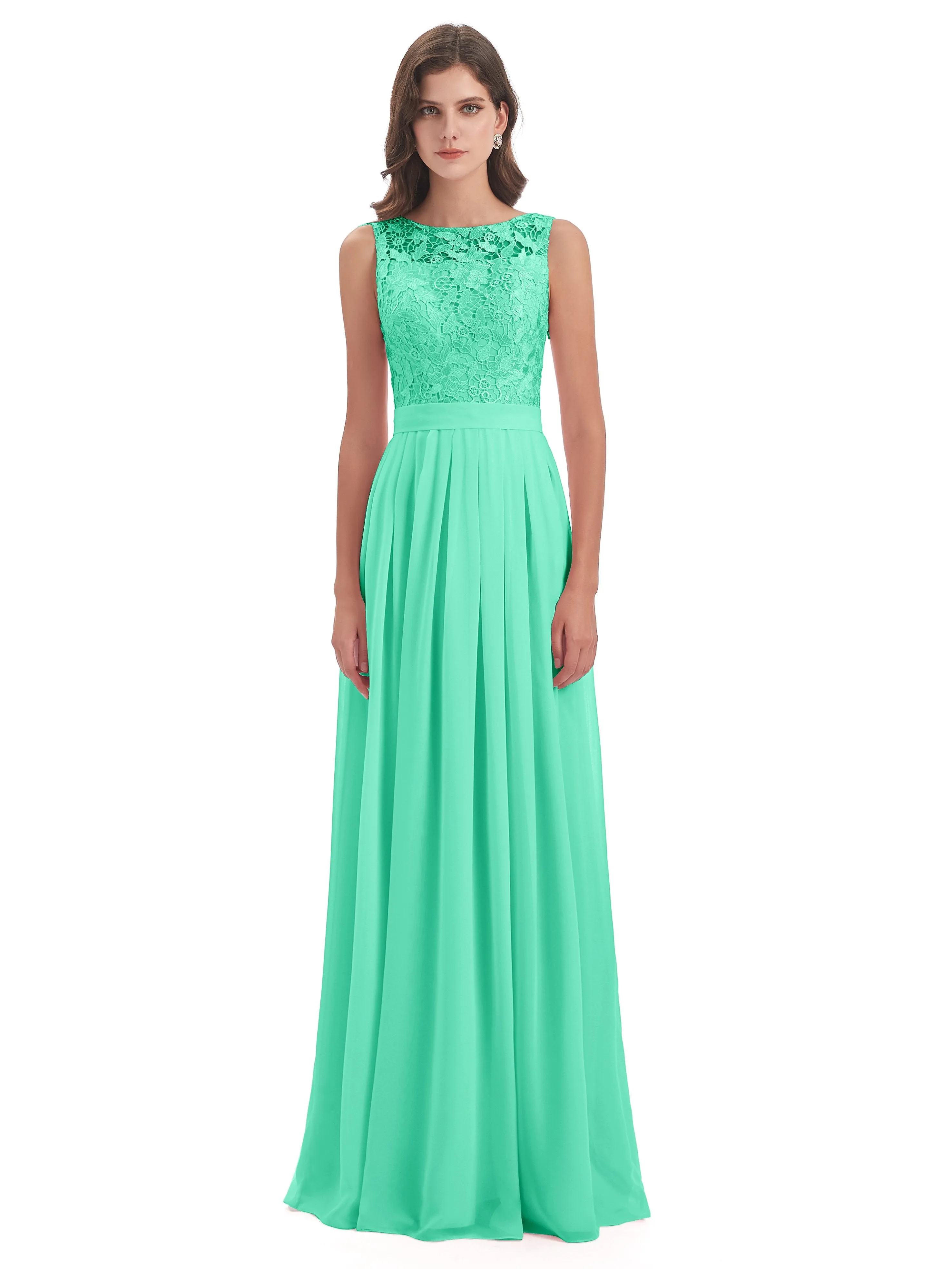 Mabel Illusion Floor-Length Lace/Chiffon Bridesmaid Dresses