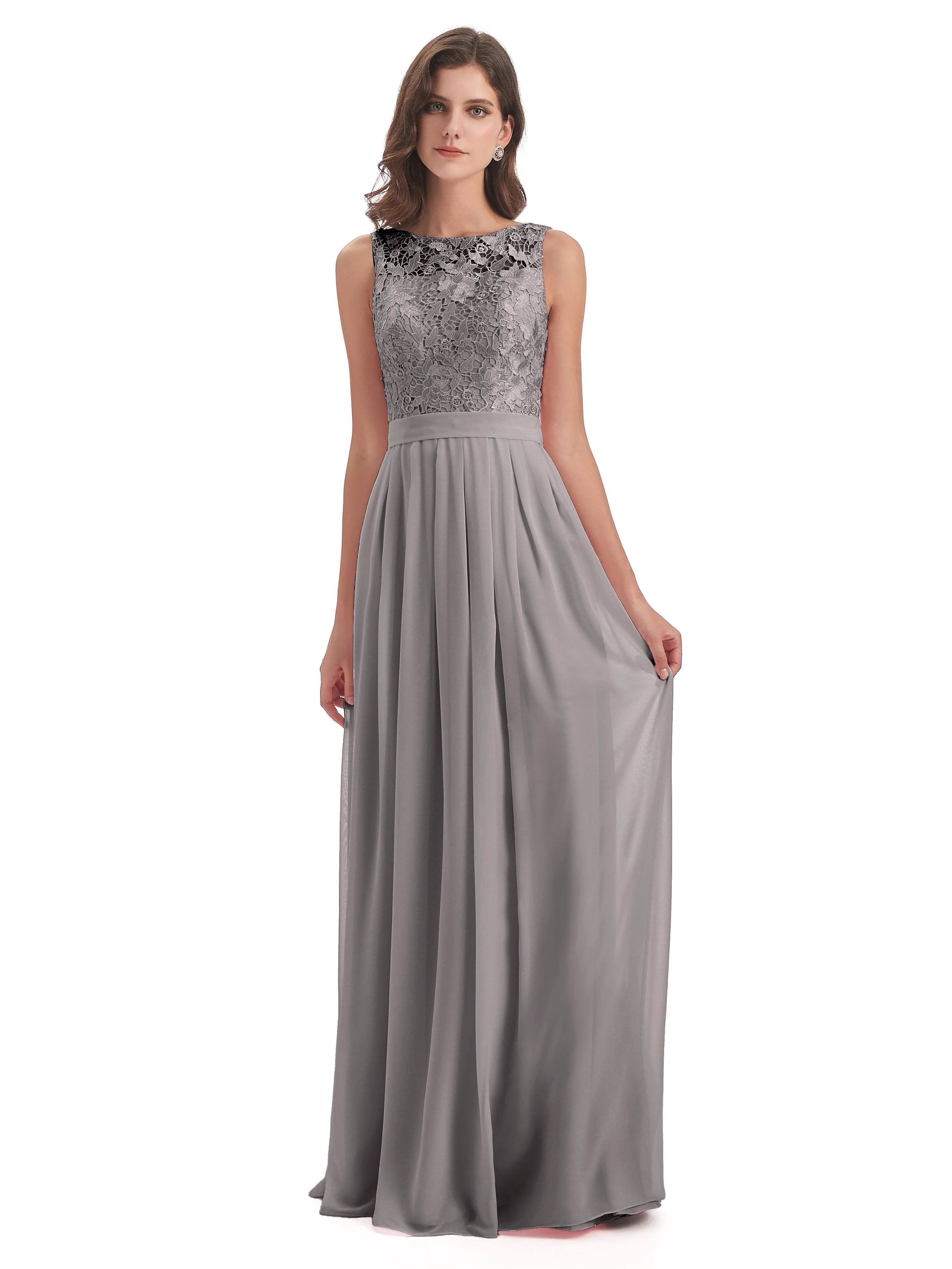 Mabel Illusion Floor-Length Lace/Chiffon Bridesmaid Dresses