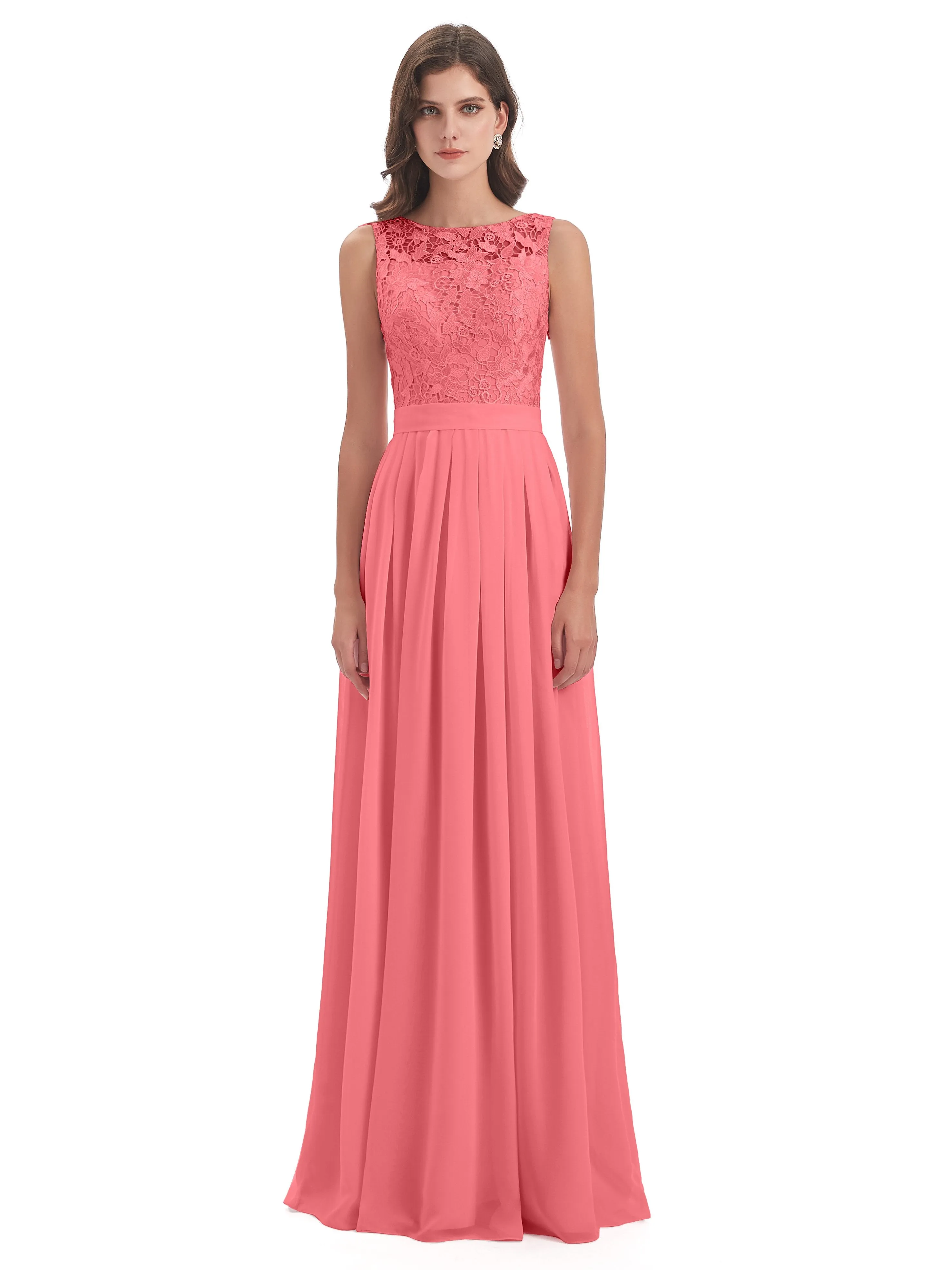 Mabel Illusion Floor-Length Lace/Chiffon Bridesmaid Dresses