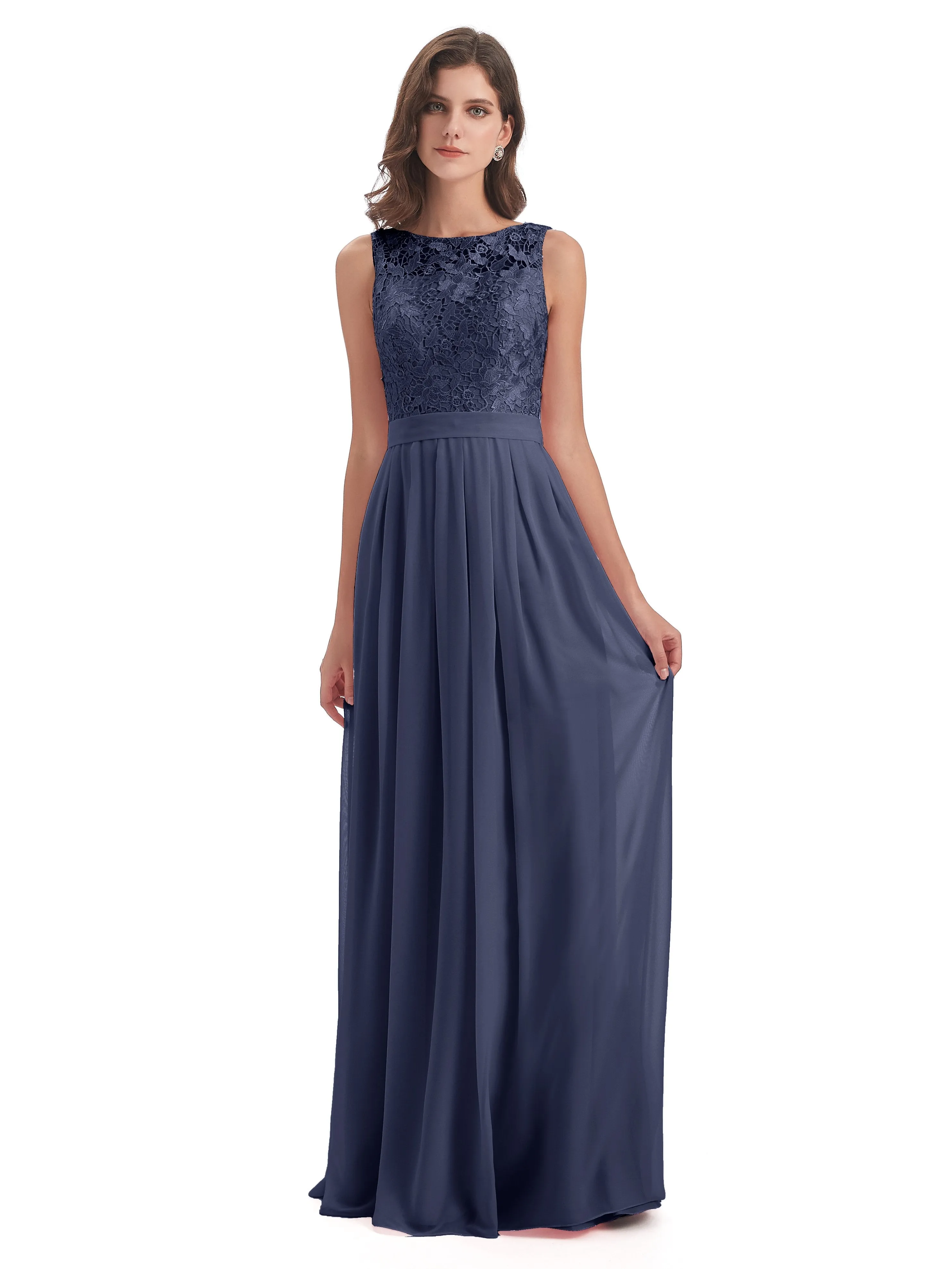 Mabel Illusion Floor-Length Lace/Chiffon Bridesmaid Dresses