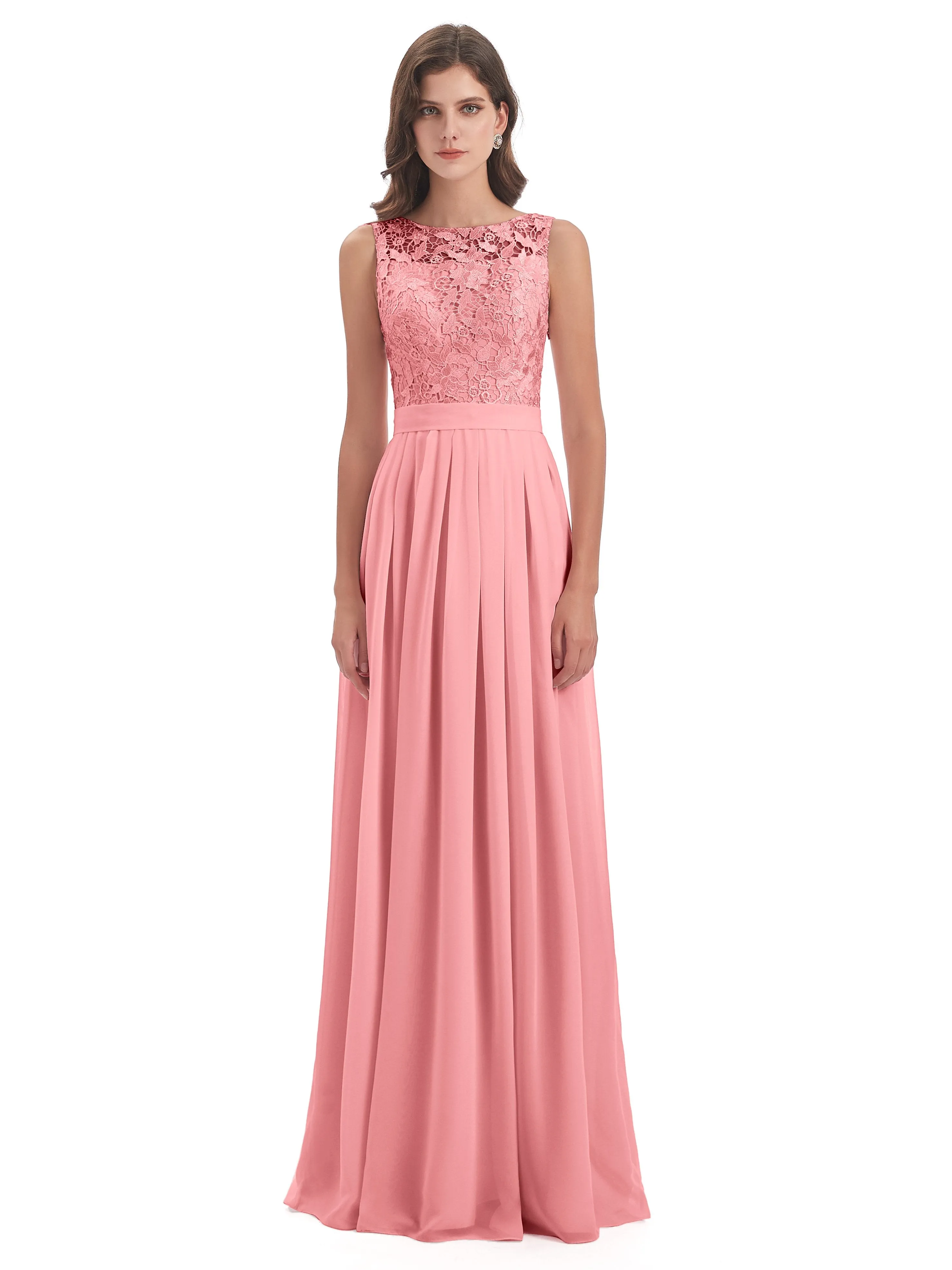 Mabel Illusion Floor-Length Lace/Chiffon Bridesmaid Dresses