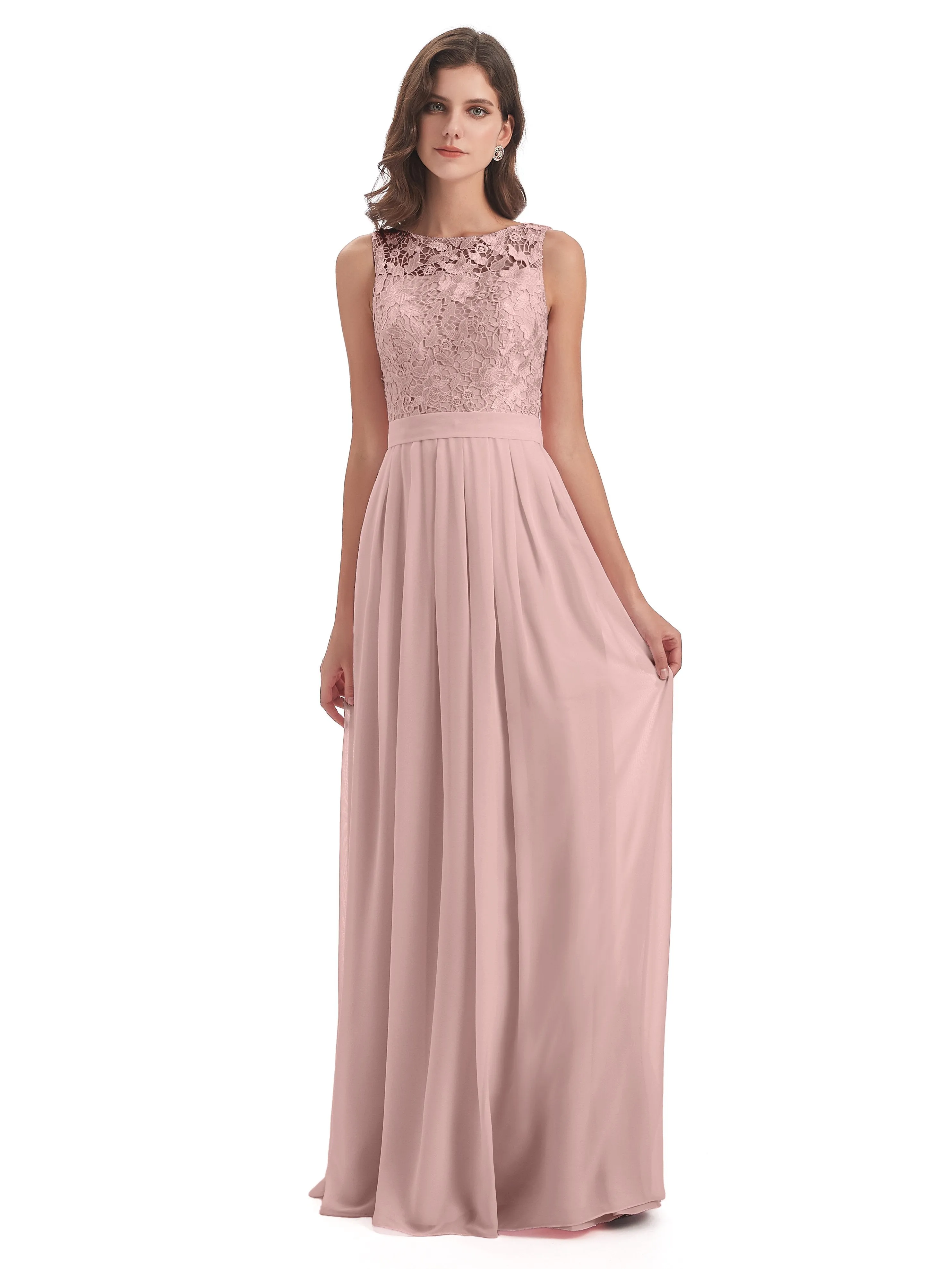 Mabel Illusion Floor-Length Lace/Chiffon Bridesmaid Dresses