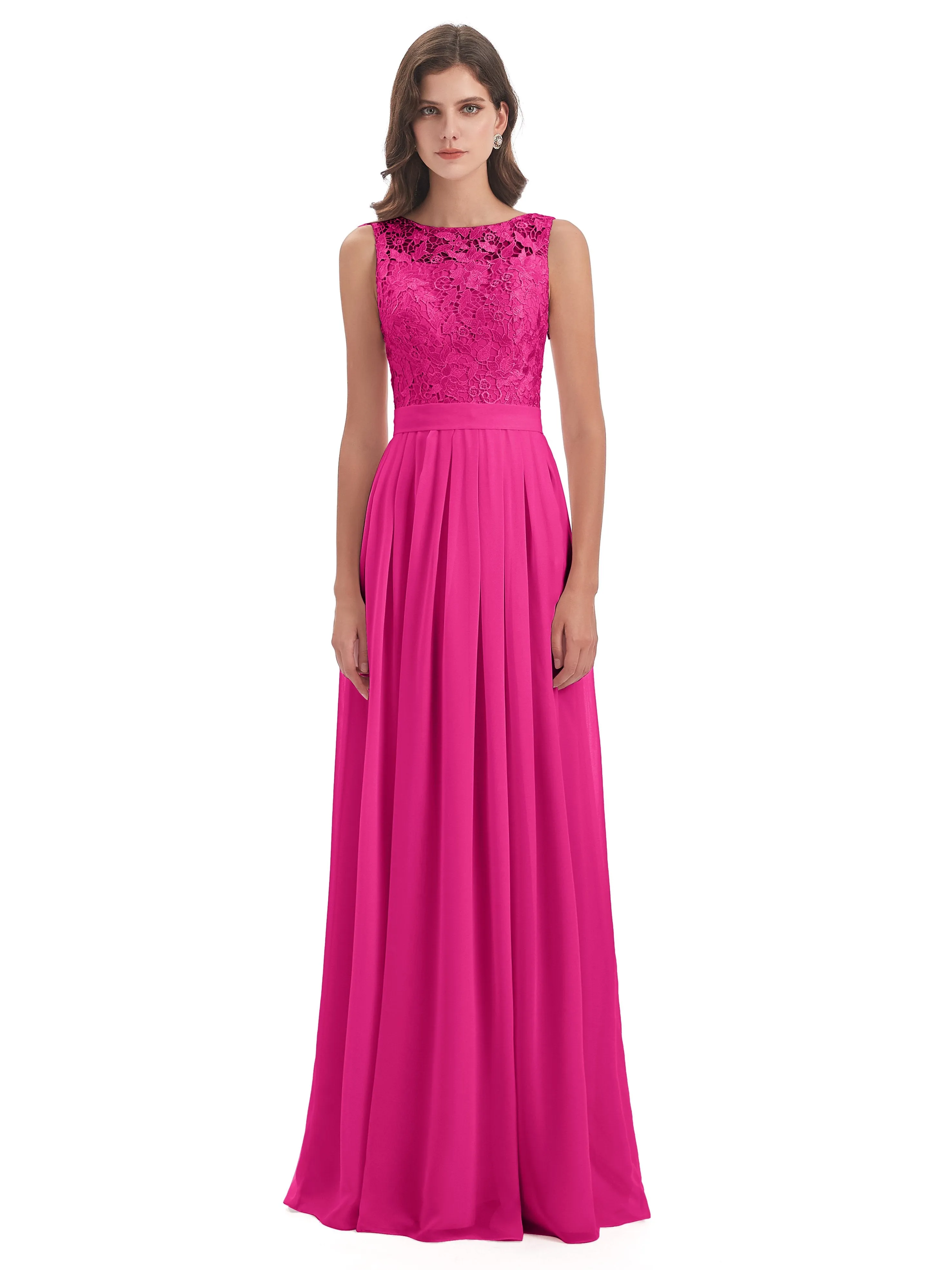 Mabel Illusion Floor-Length Lace/Chiffon Bridesmaid Dresses