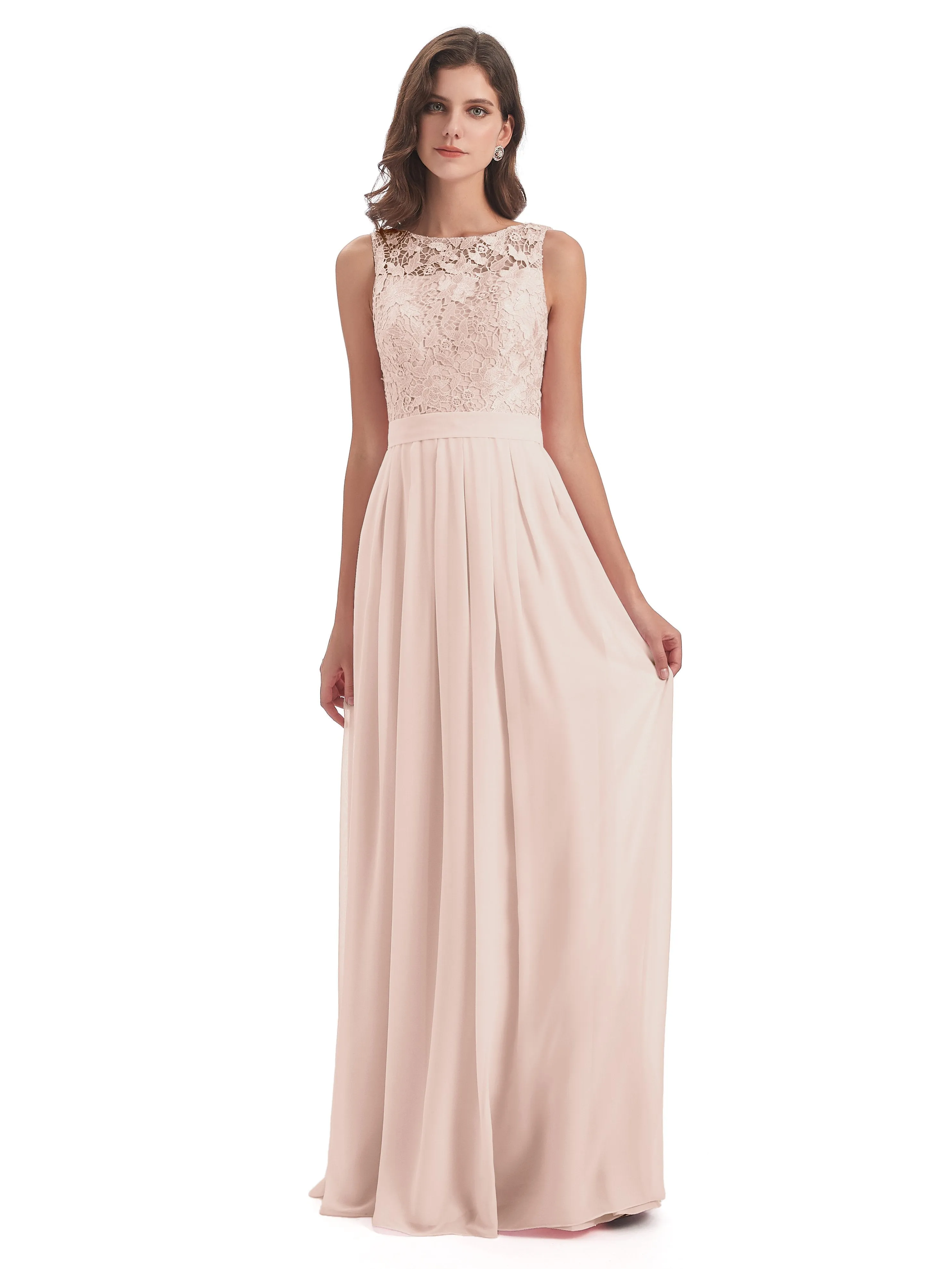 Mabel Illusion Floor-Length Lace/Chiffon Bridesmaid Dresses