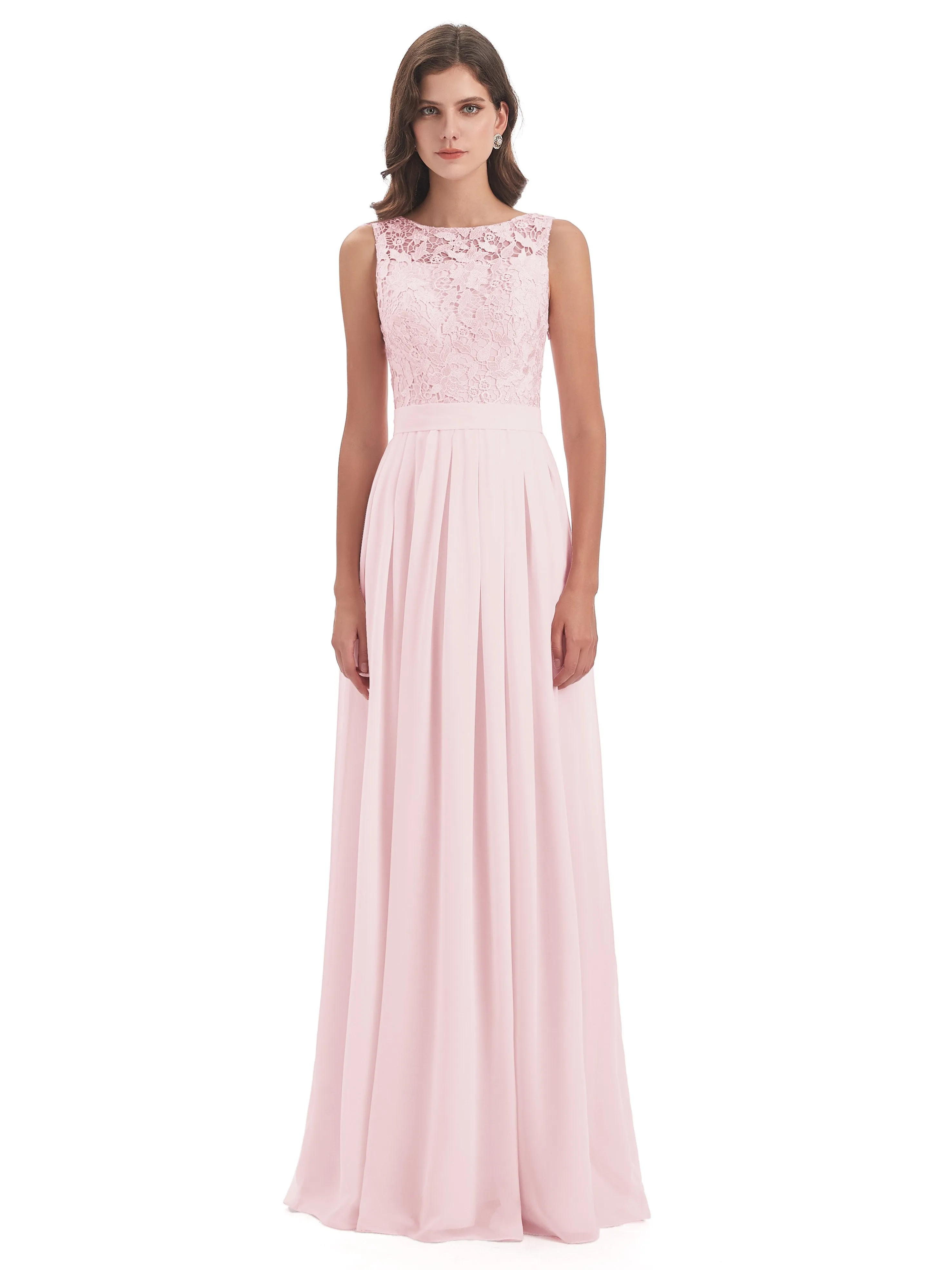 Mabel Illusion Floor-Length Lace/Chiffon Bridesmaid Dresses