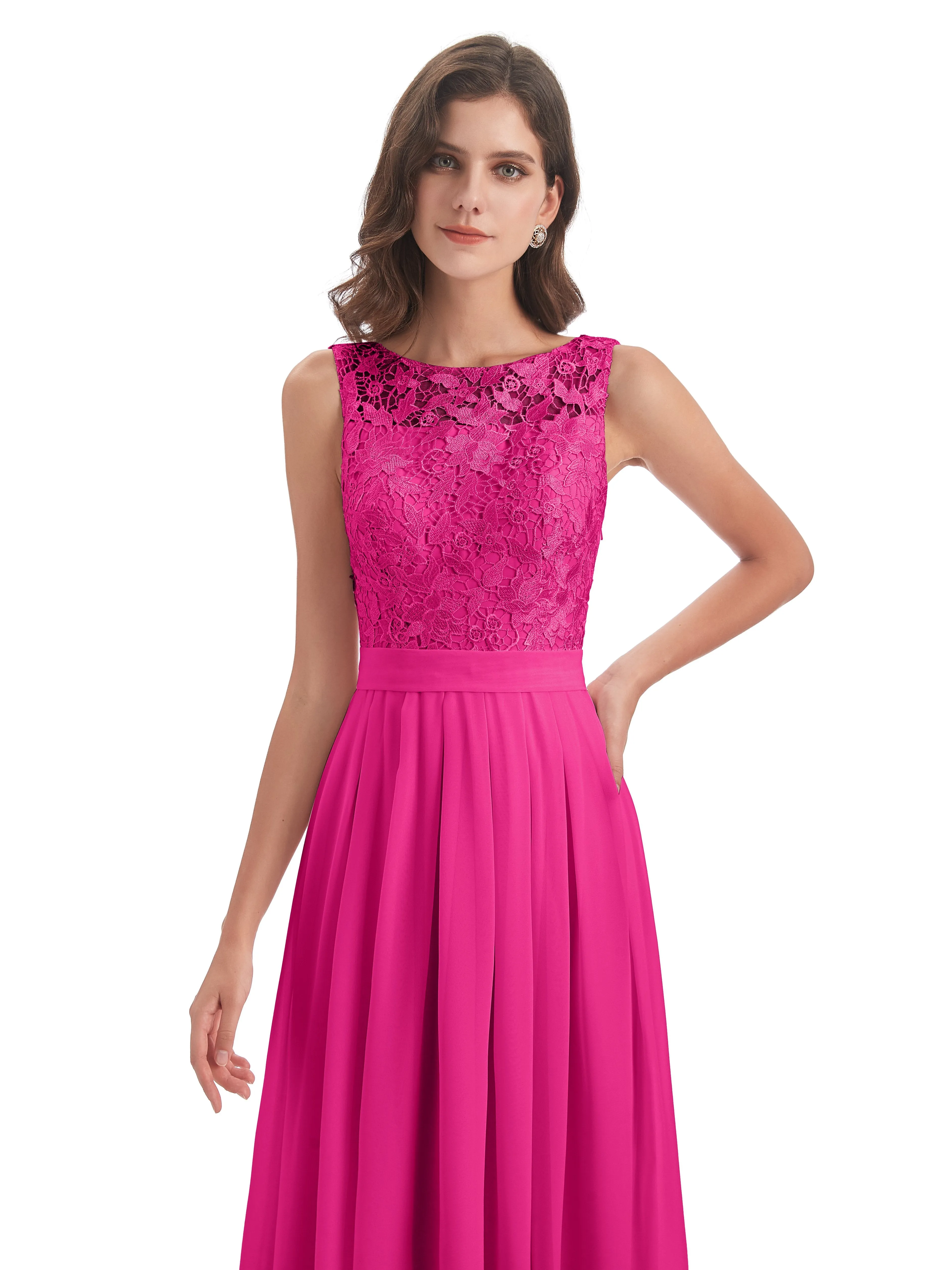 Mabel Illusion Floor-Length Lace/Chiffon Bridesmaid Dresses