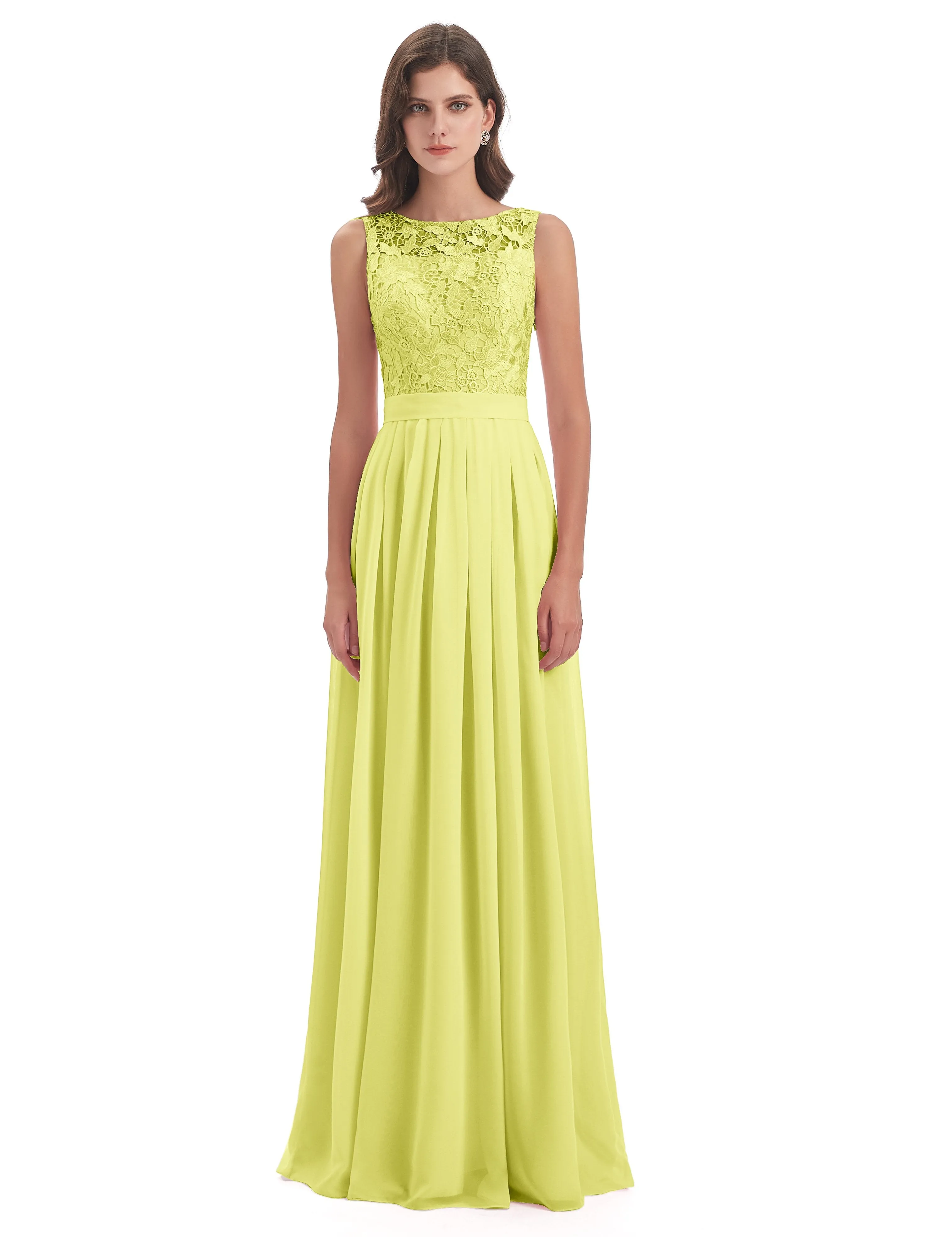 Mabel Illusion Floor-Length Lace/Chiffon Bridesmaid Dresses