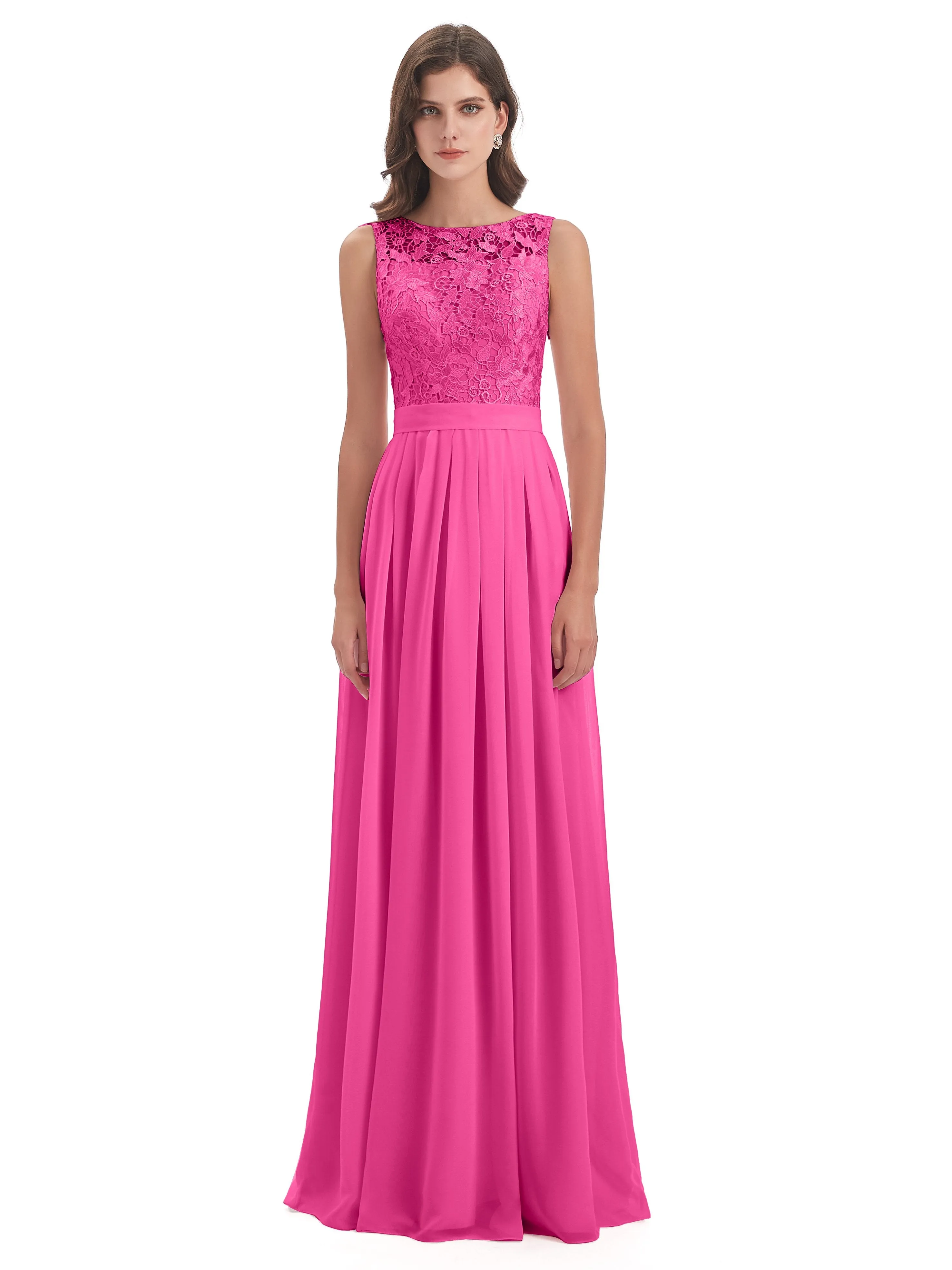 Mabel Illusion Floor-Length Lace/Chiffon Bridesmaid Dresses