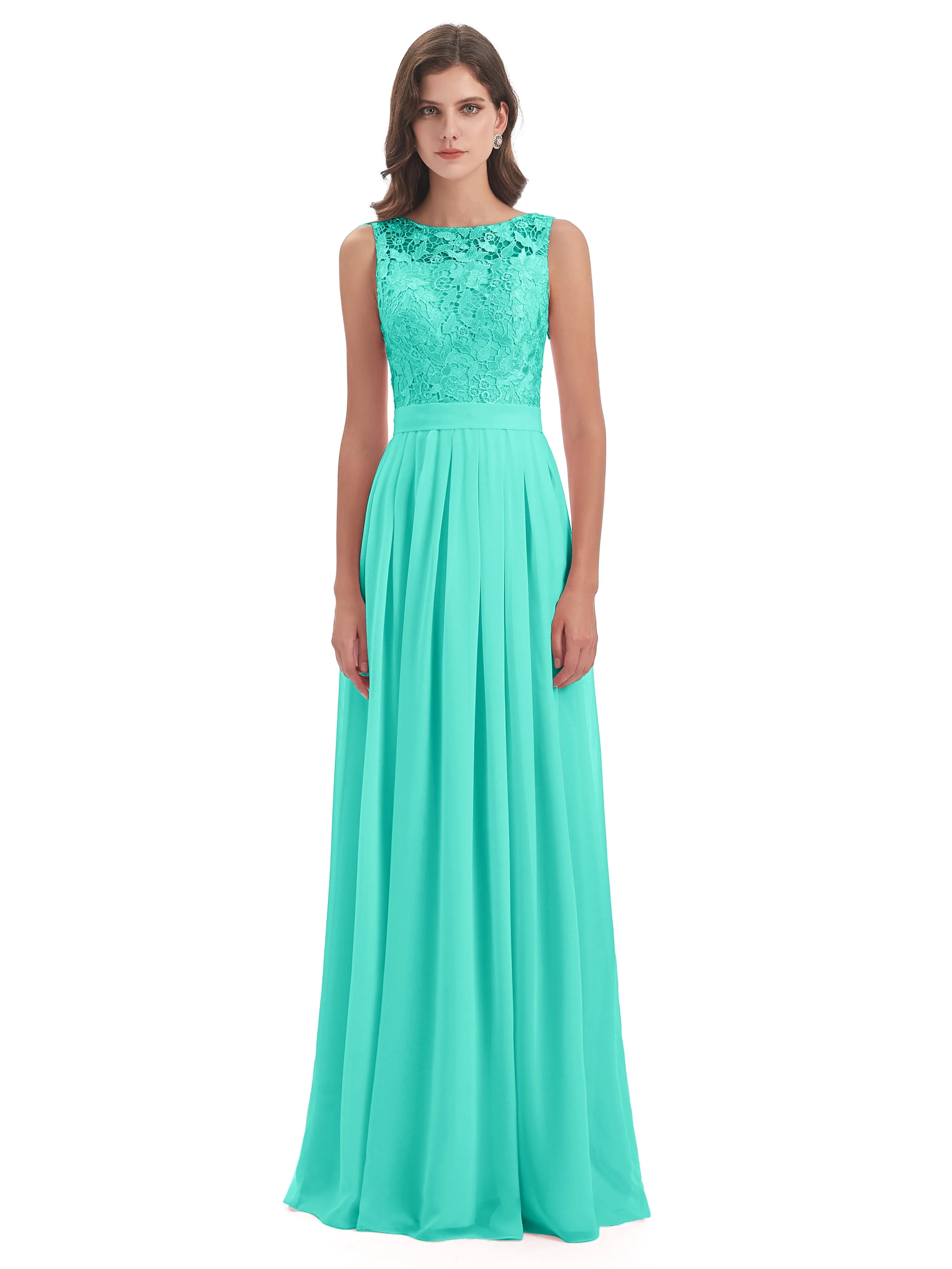 Mabel Illusion Floor-Length Lace/Chiffon Bridesmaid Dresses