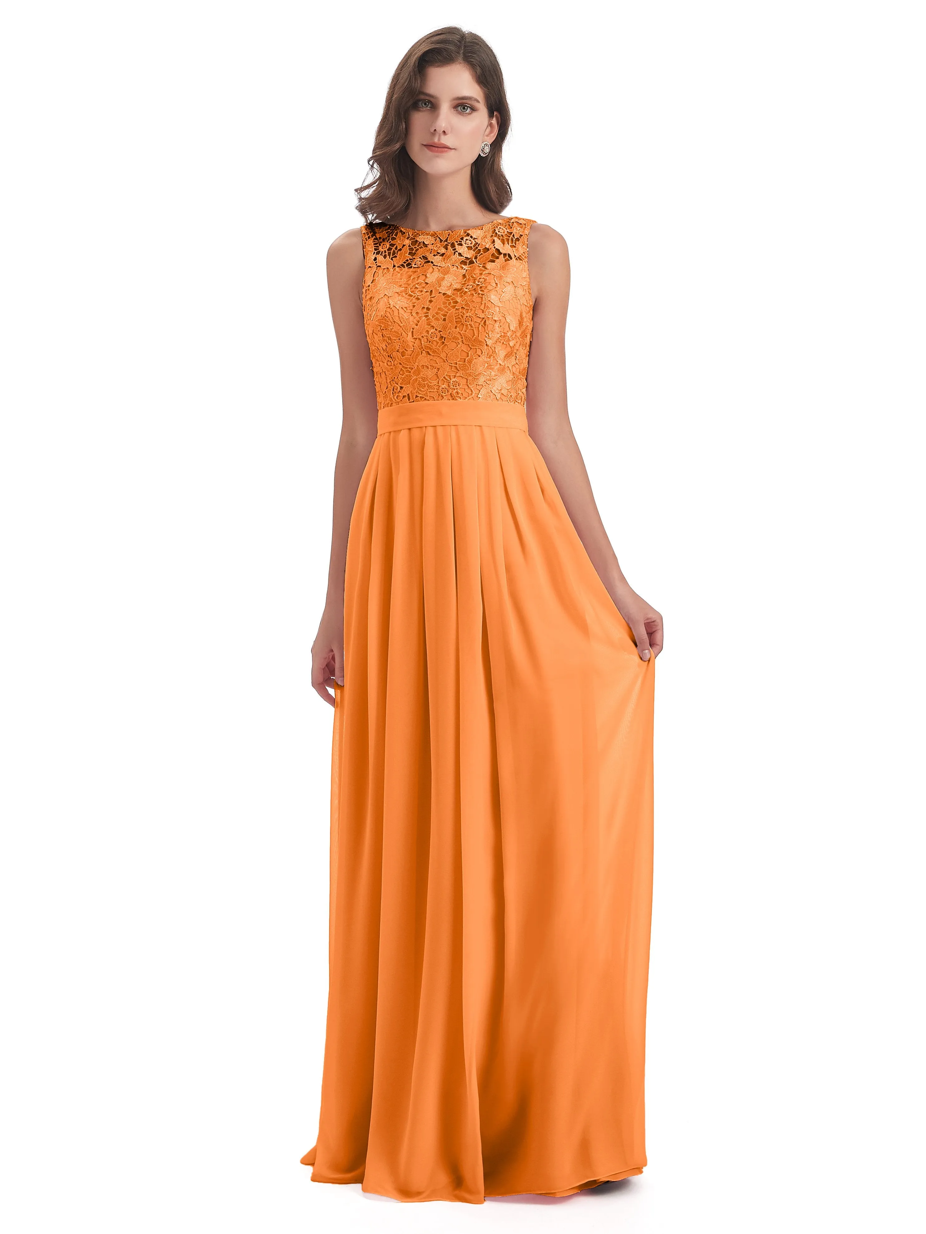 Mabel Illusion Floor-Length Lace/Chiffon Bridesmaid Dresses