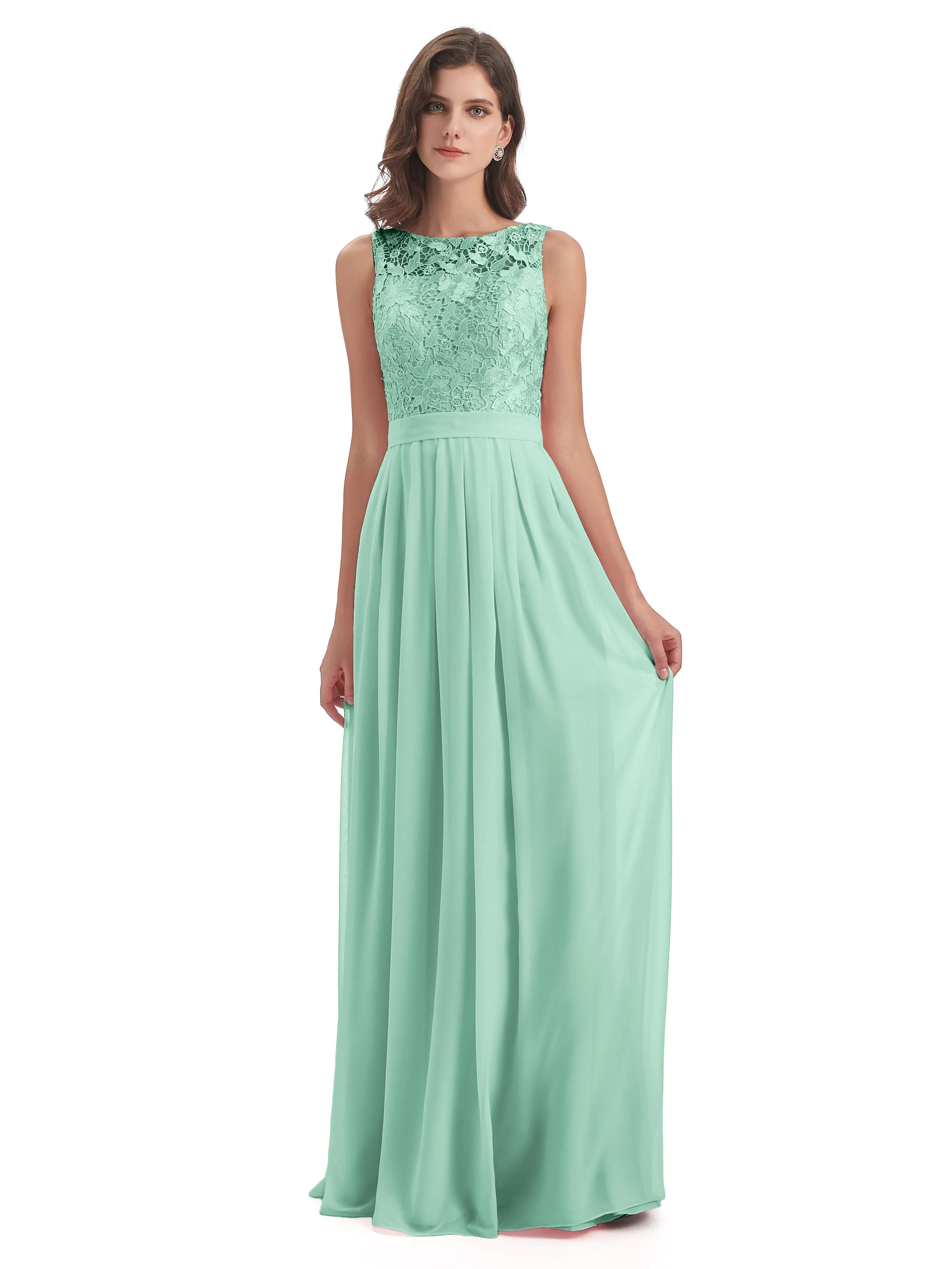 Mabel Illusion Floor-Length Lace/Chiffon Bridesmaid Dresses