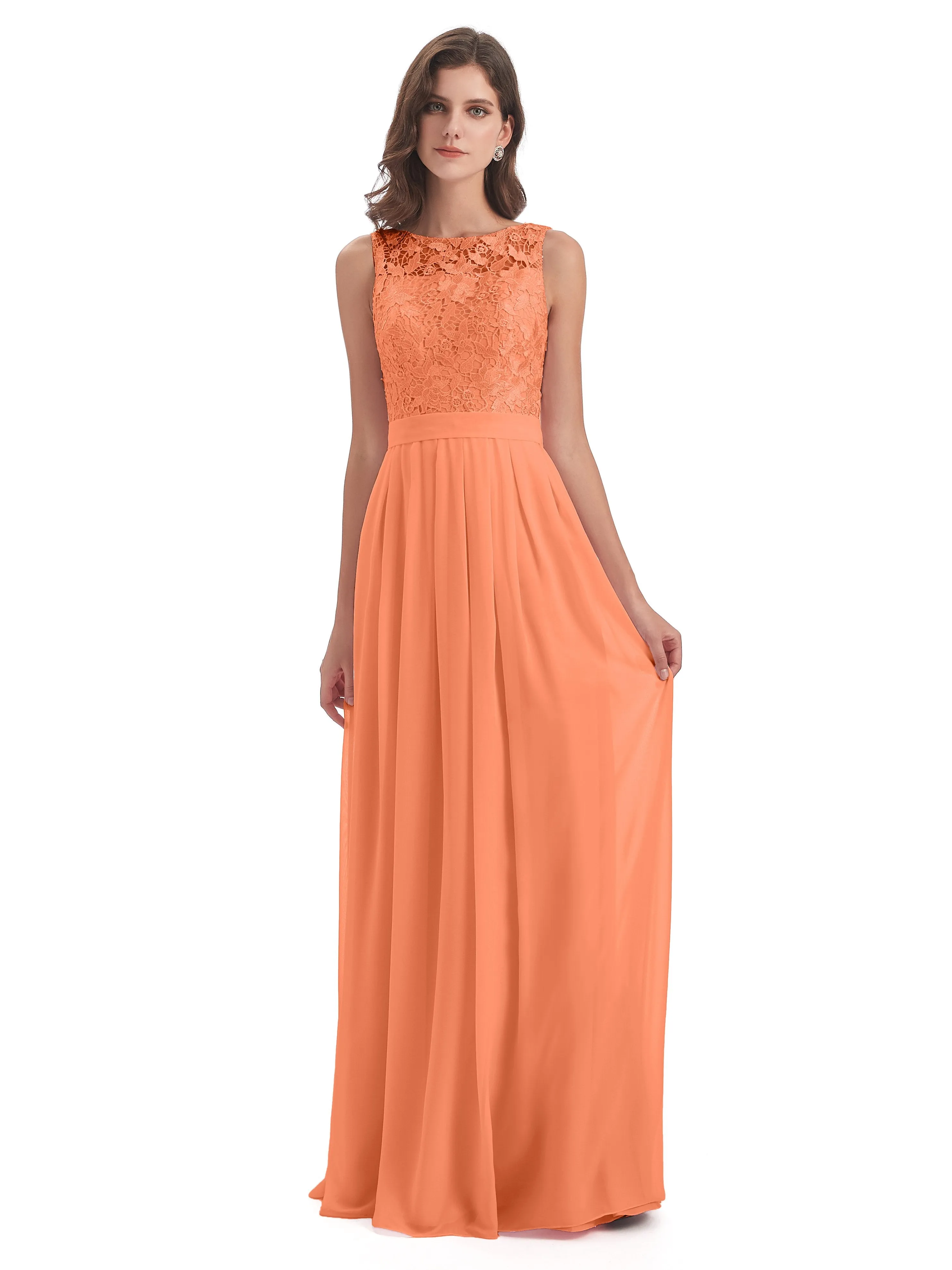 Mabel Illusion Floor-Length Lace/Chiffon Bridesmaid Dresses