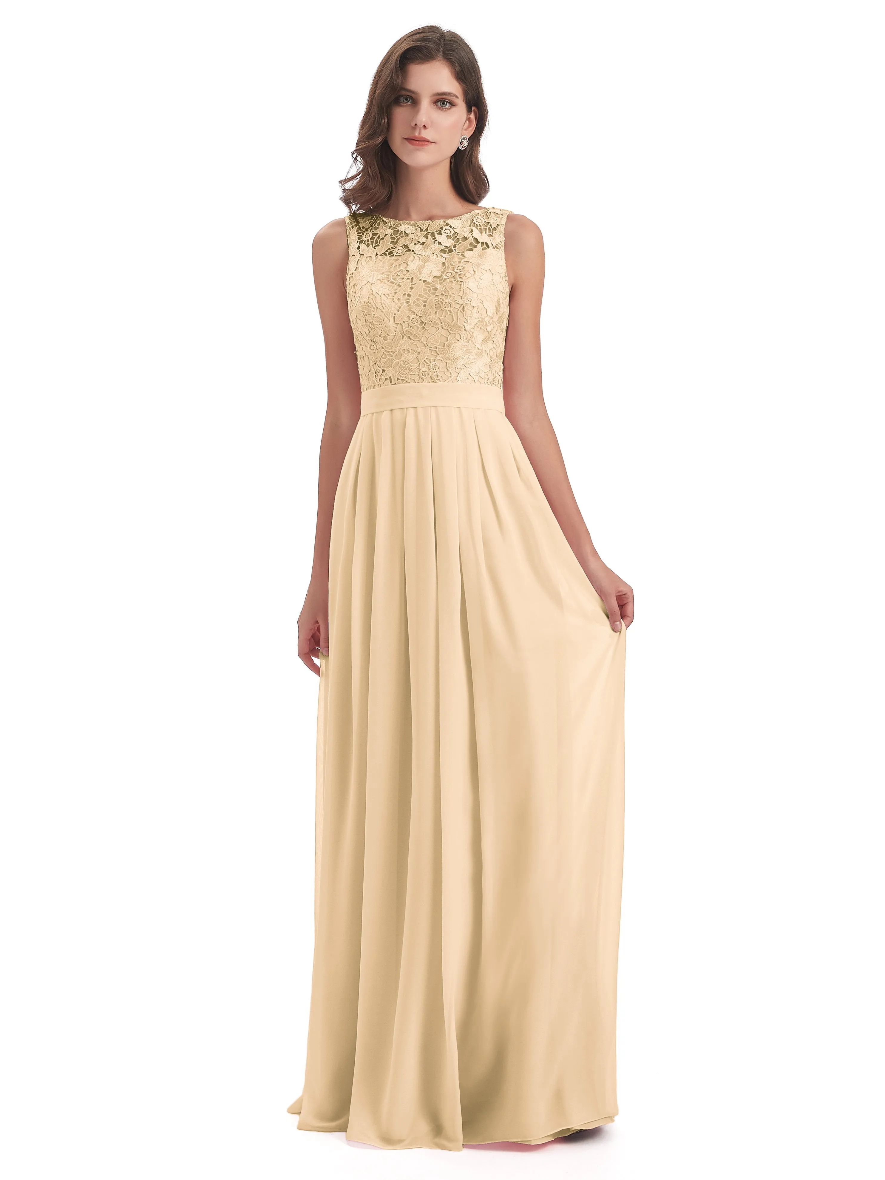 Mabel Illusion Floor-Length Lace/Chiffon Bridesmaid Dresses