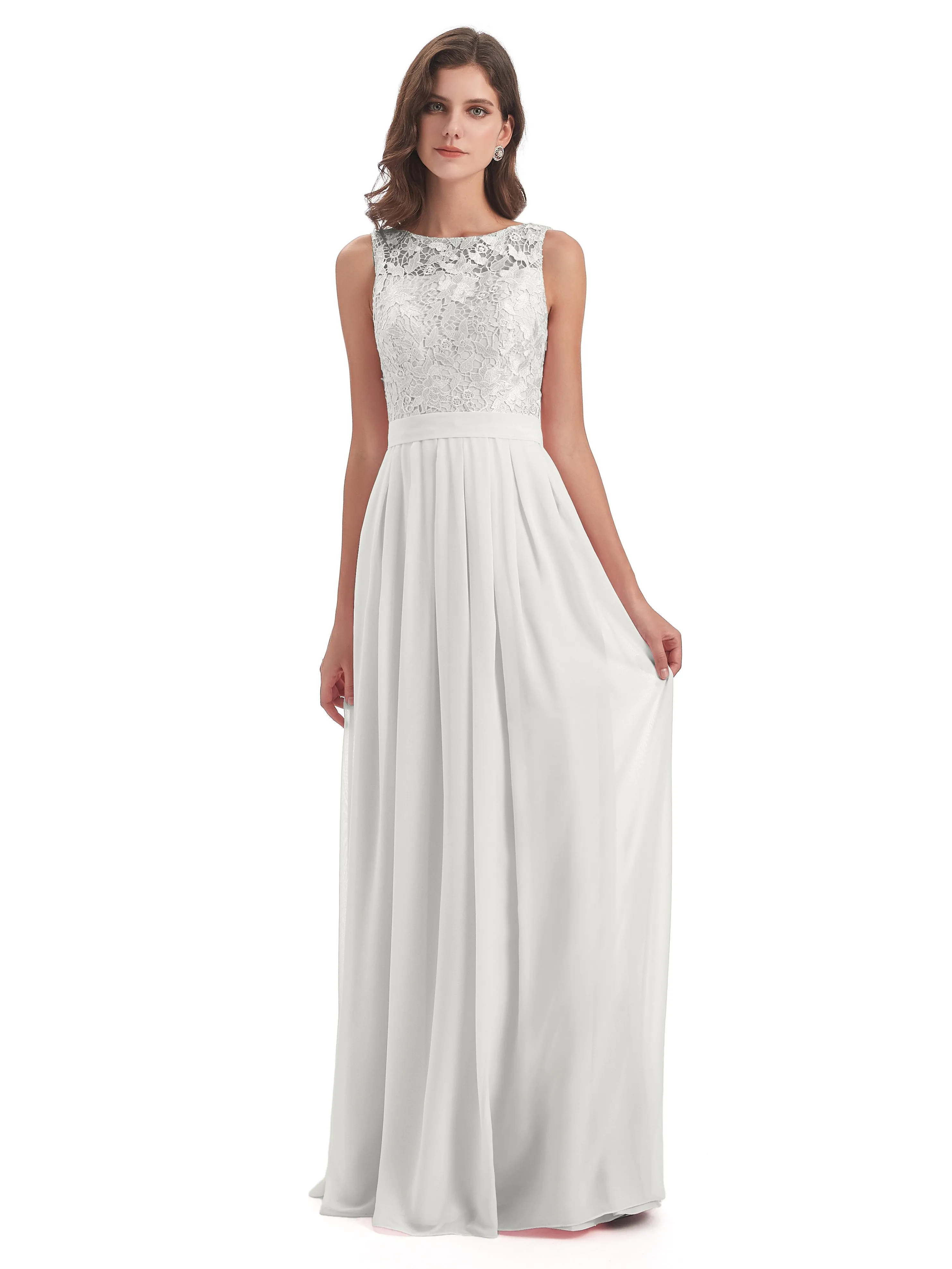 Mabel Illusion Floor-Length Lace/Chiffon Bridesmaid Dresses