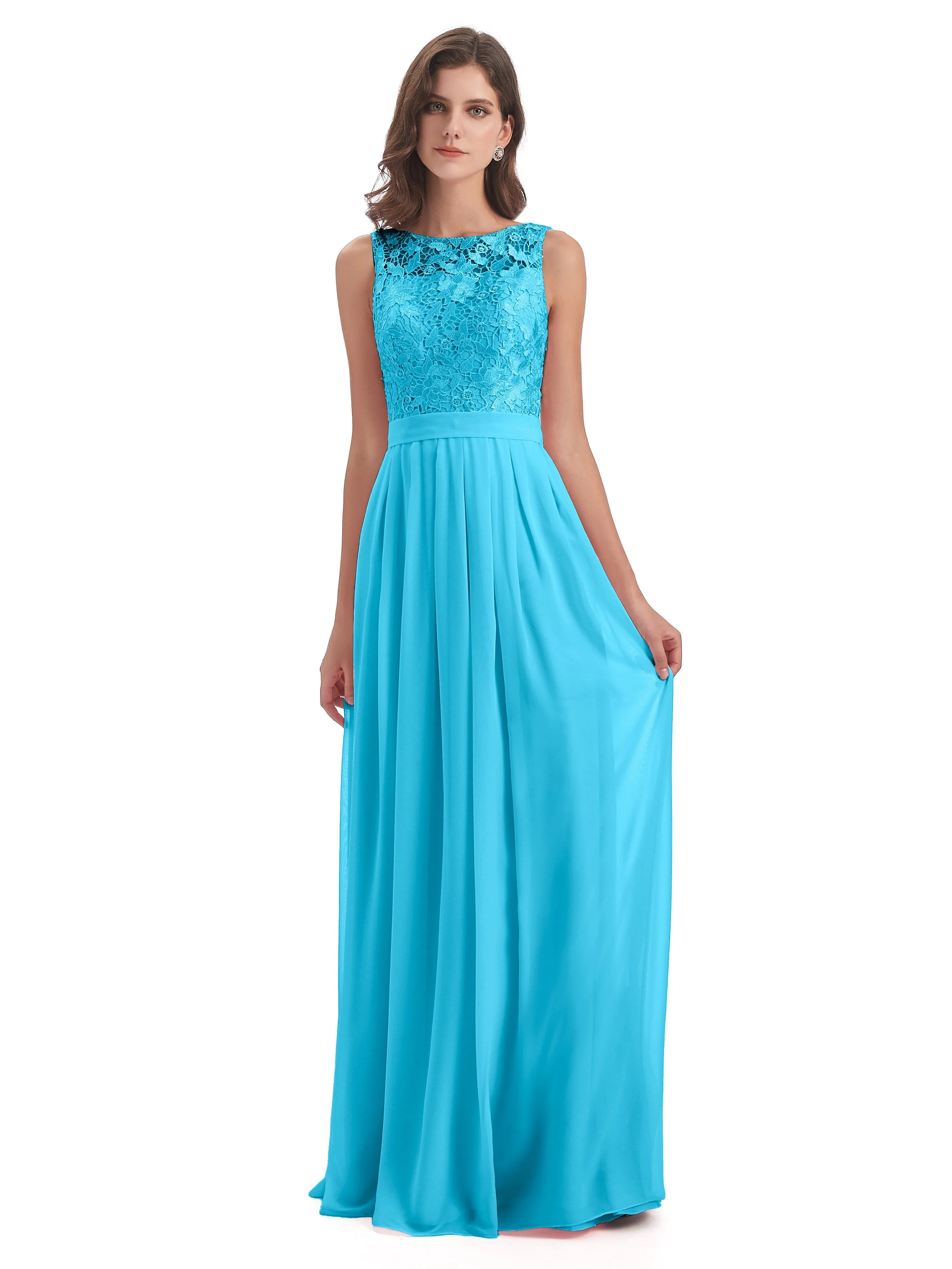 Mabel Illusion Floor-Length Lace/Chiffon Bridesmaid Dresses