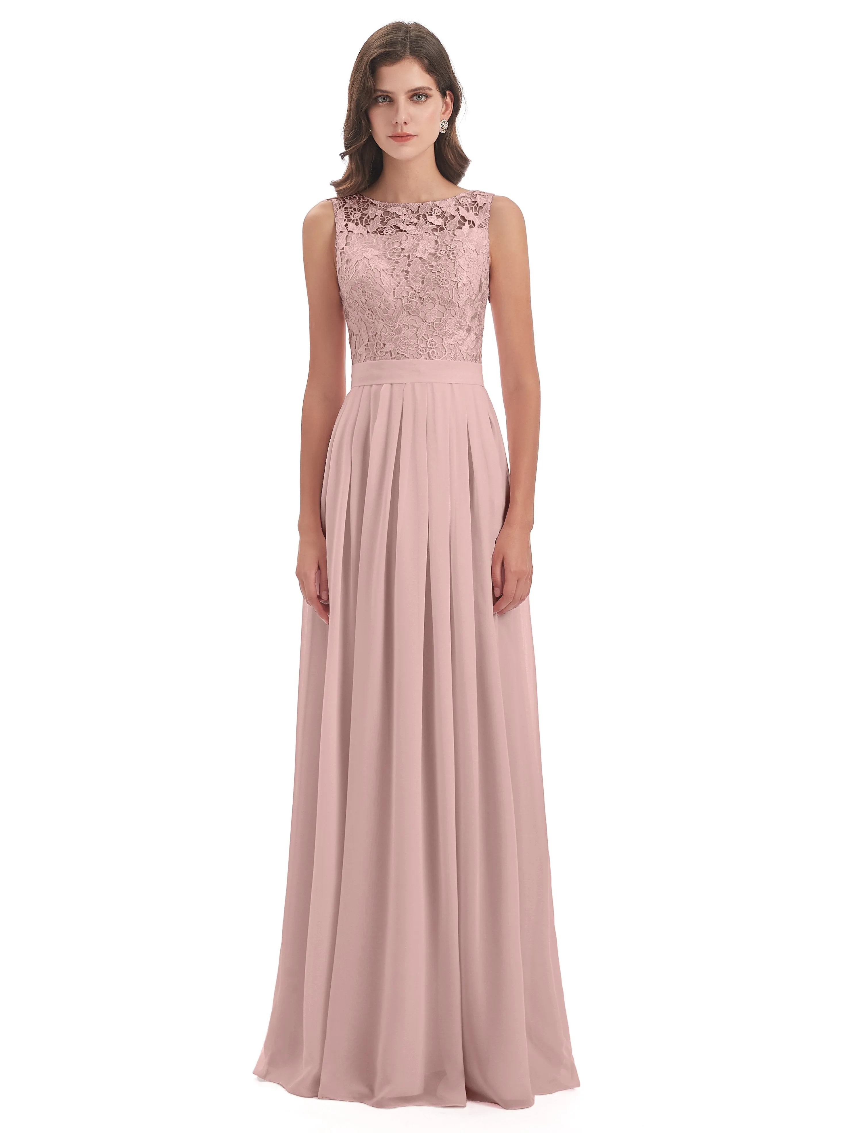 Mabel Illusion Floor-Length Lace/Chiffon Bridesmaid Dresses