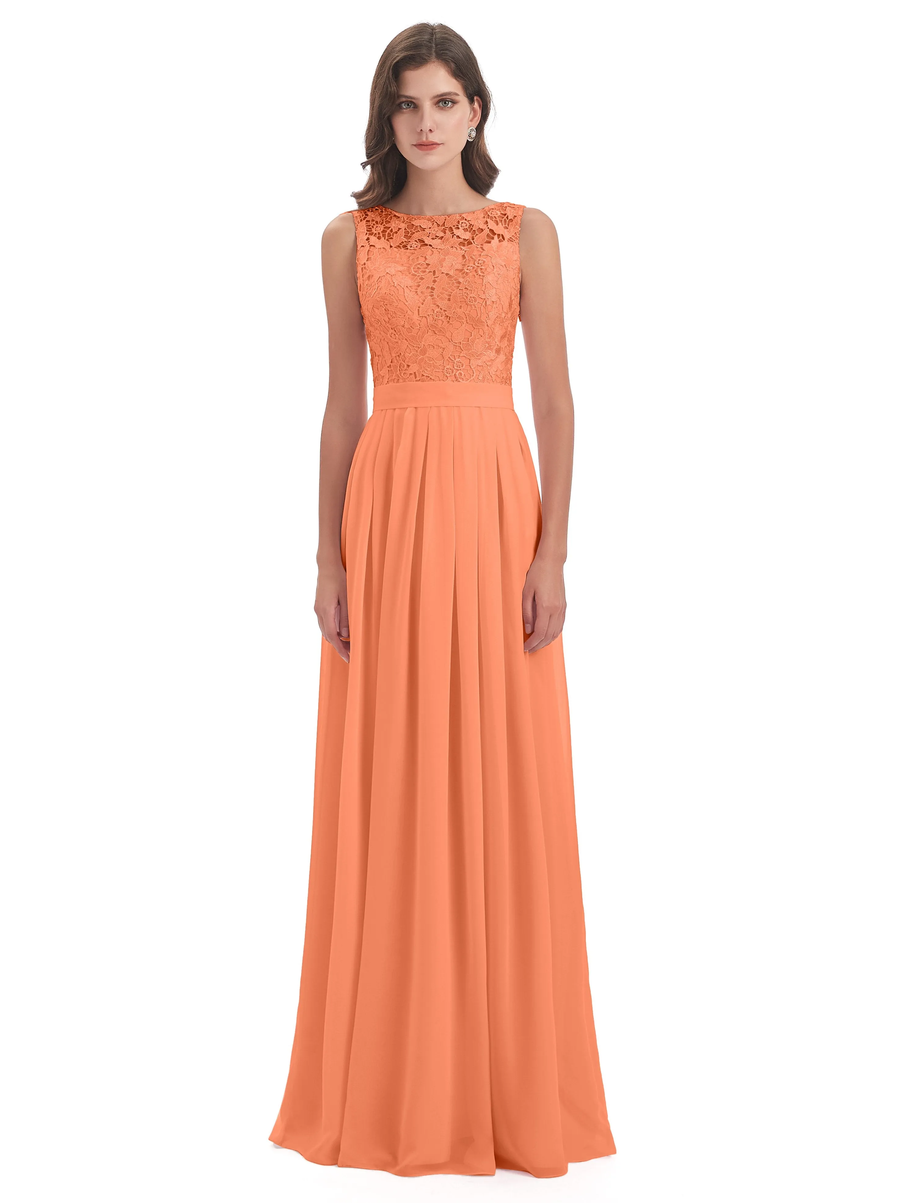 Mabel Illusion Floor-Length Lace/Chiffon Bridesmaid Dresses