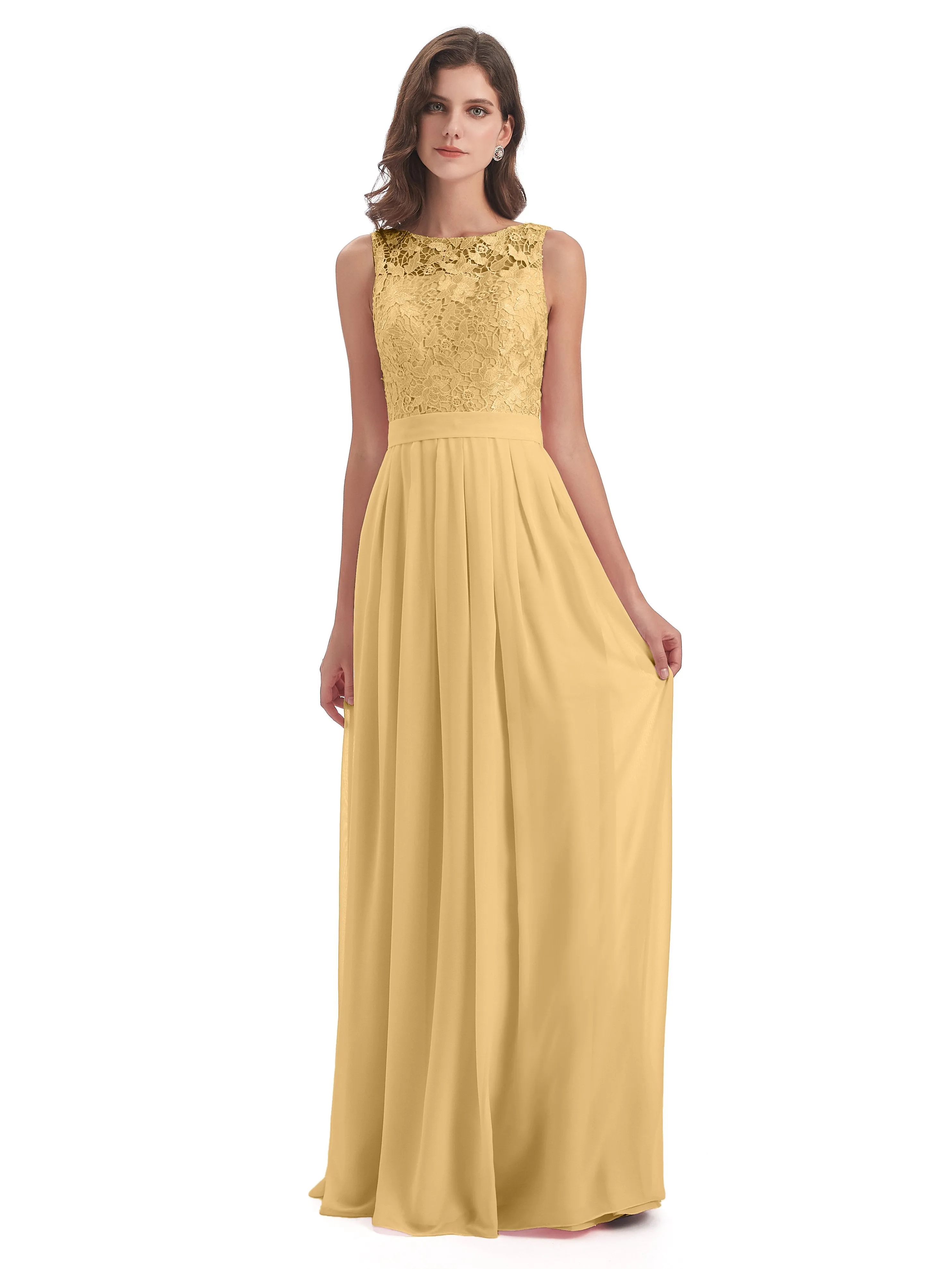 Mabel Illusion Floor-Length Lace/Chiffon Bridesmaid Dresses