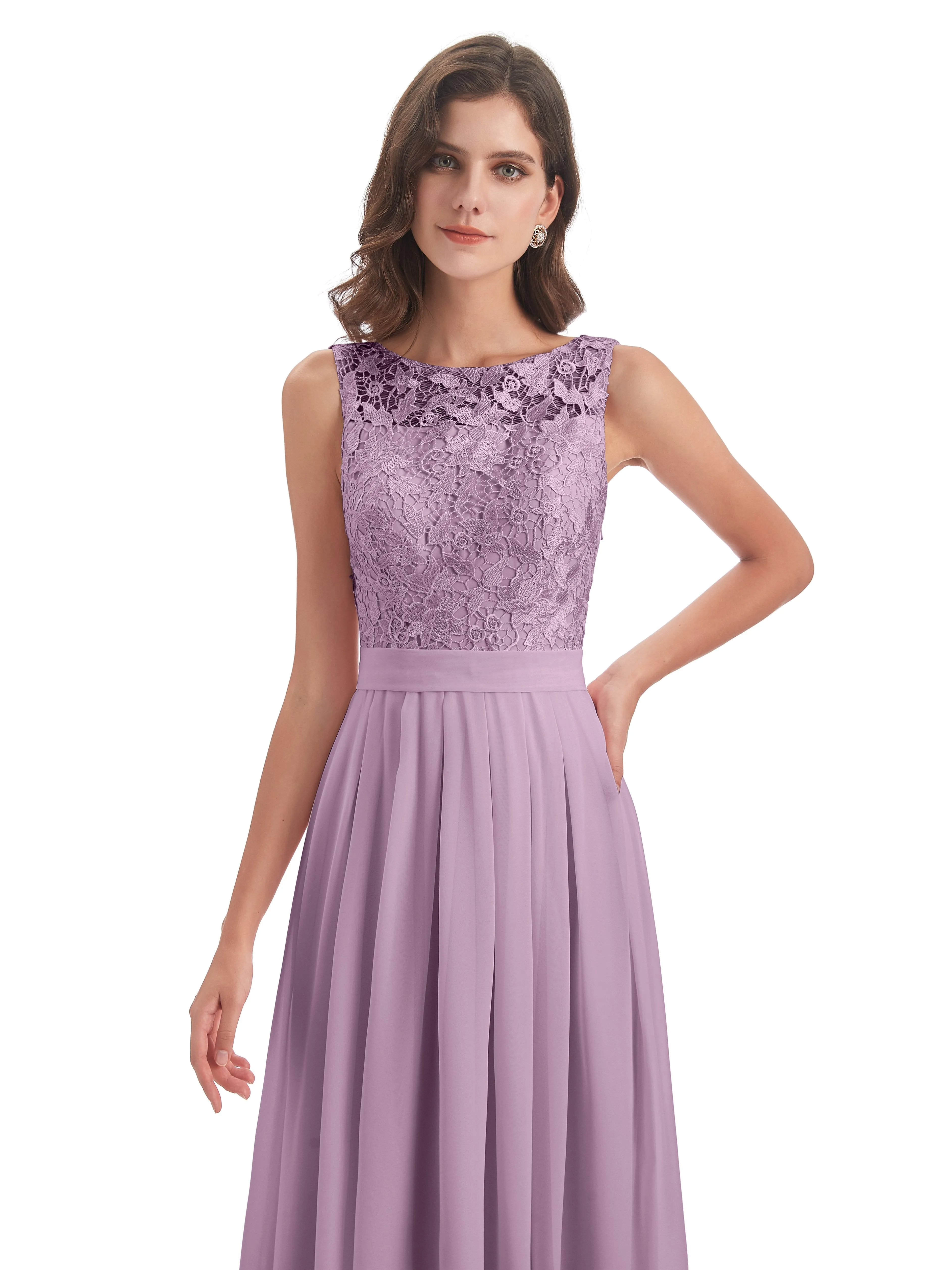 Mabel Illusion Floor-Length Lace/Chiffon Bridesmaid Dresses