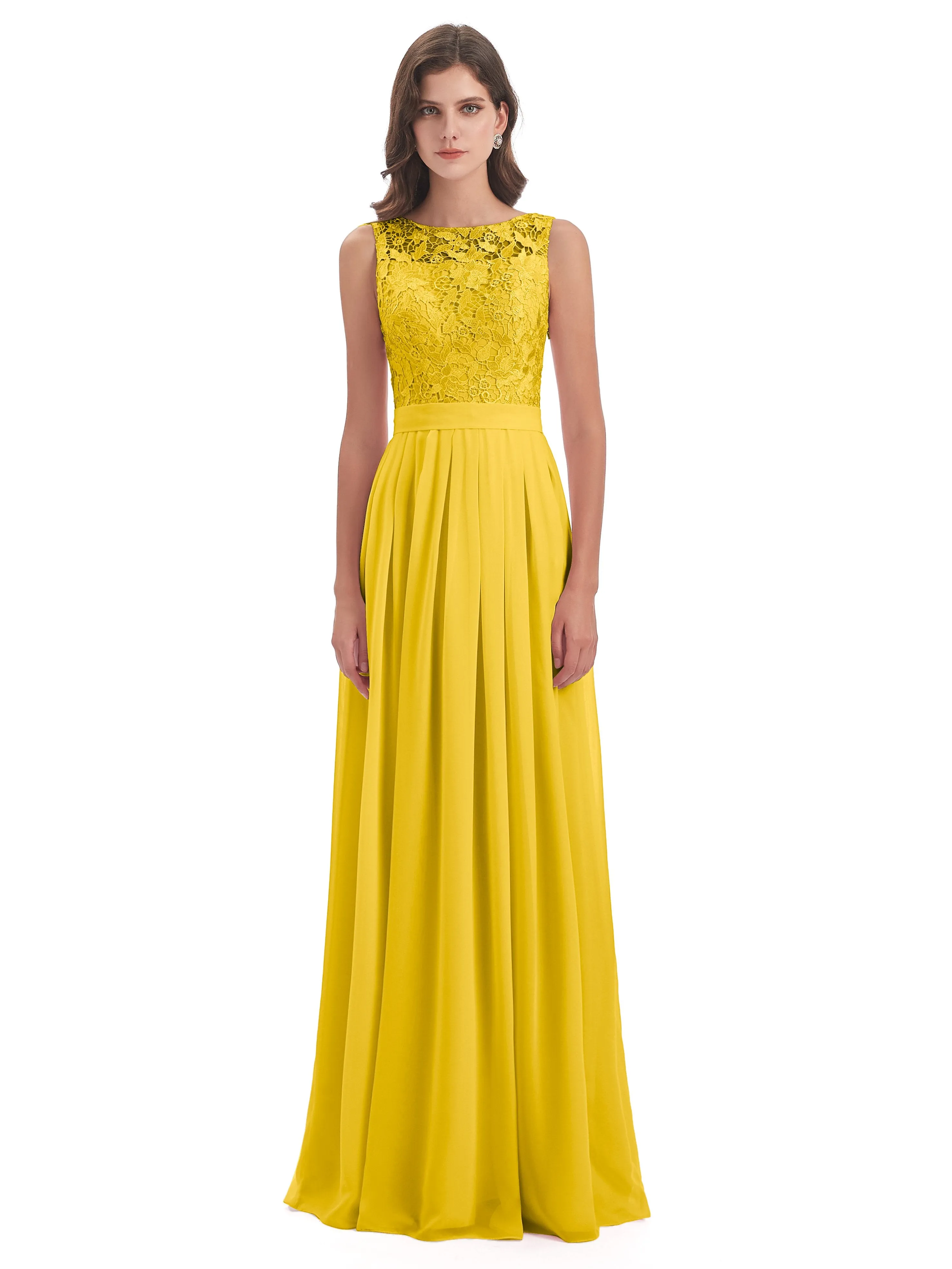 Mabel Illusion Floor-Length Lace/Chiffon Bridesmaid Dresses