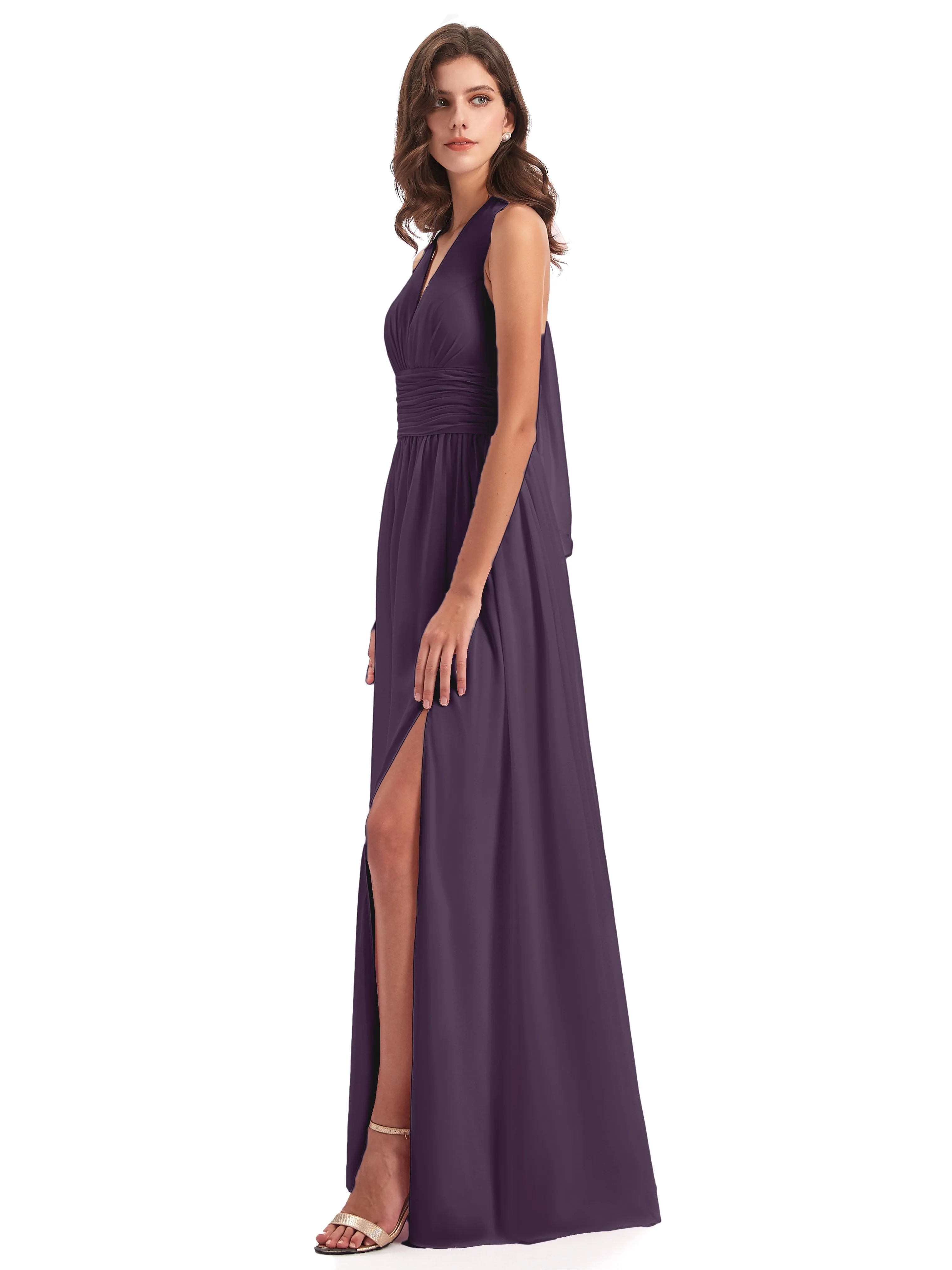 Maisie Fitted V Neck Split Long Chiffon Bridesmaid Dresses