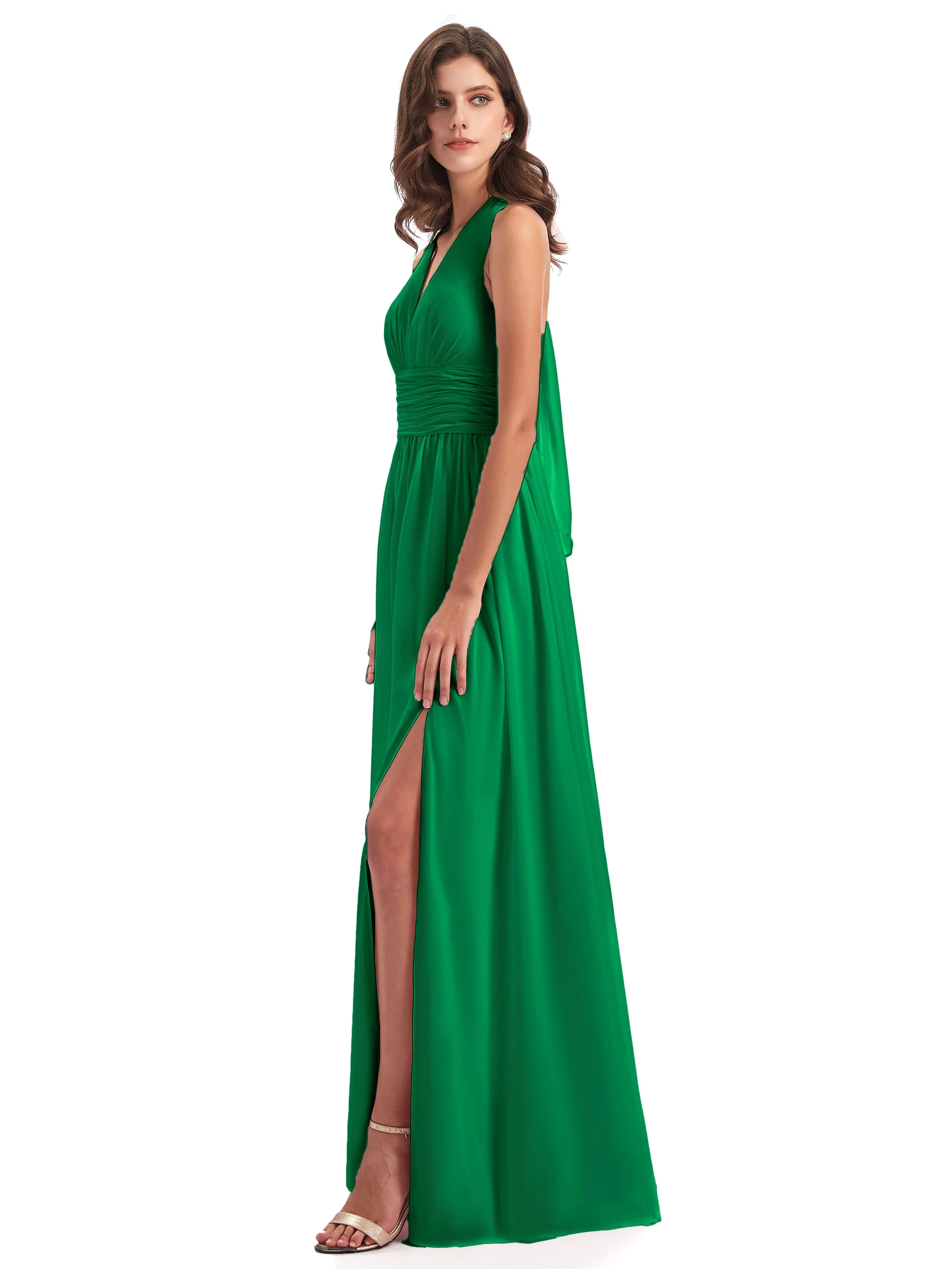 Maisie Fitted V Neck Split Long Chiffon Bridesmaid Dresses