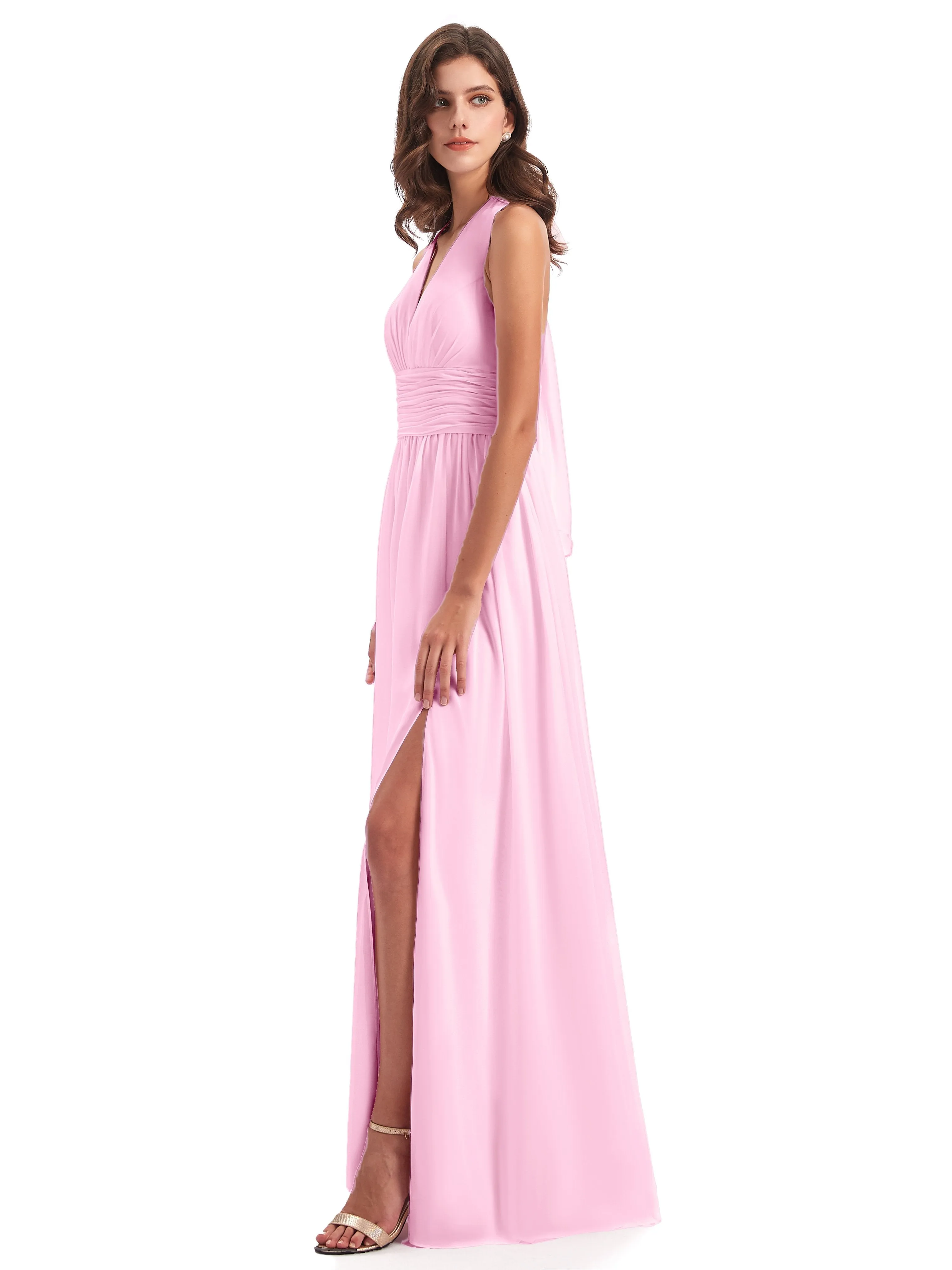 Maisie Fitted V Neck Split Long Chiffon Bridesmaid Dresses