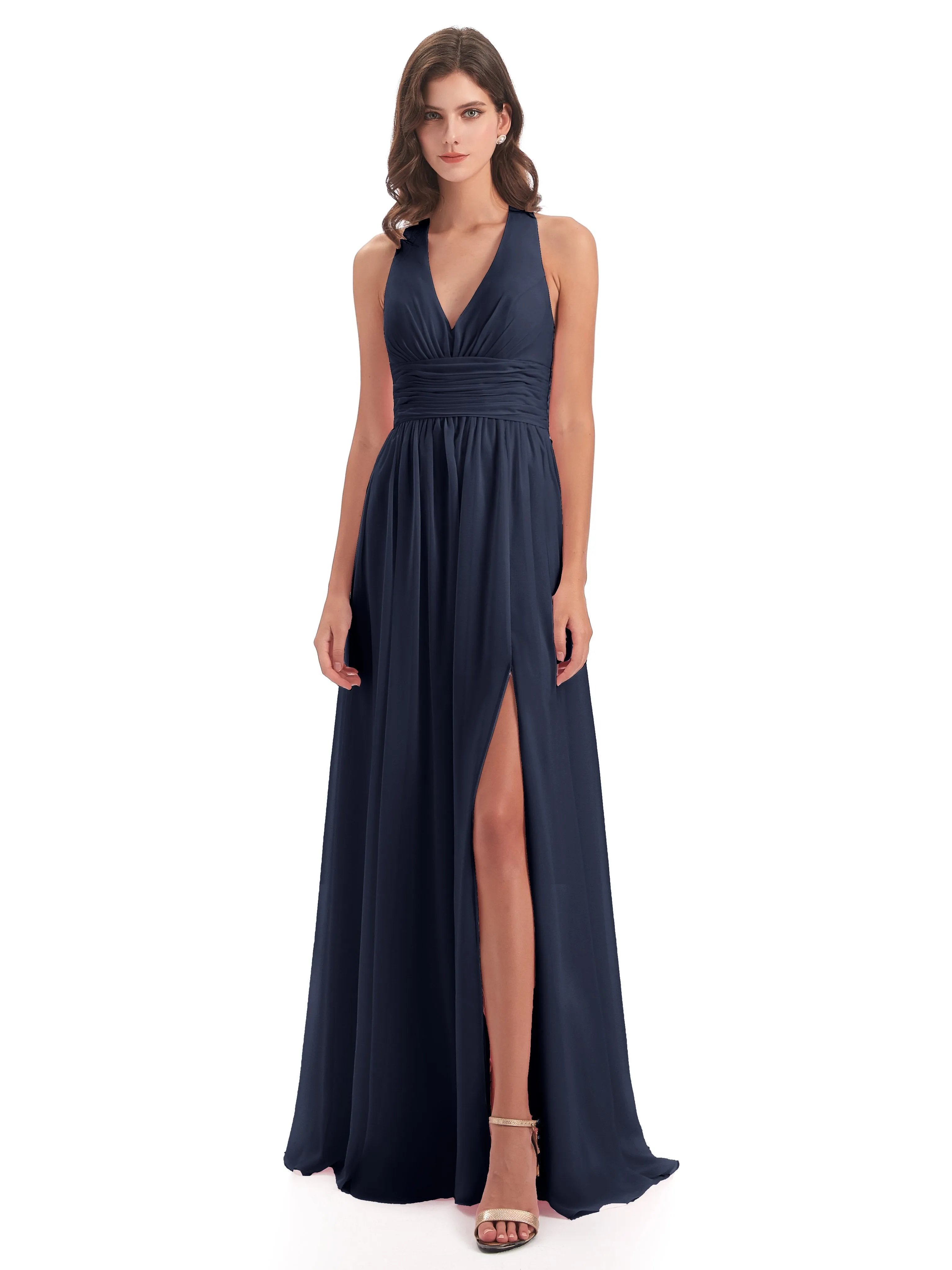 Maisie Fitted V Neck Split Long Chiffon Bridesmaid Dresses