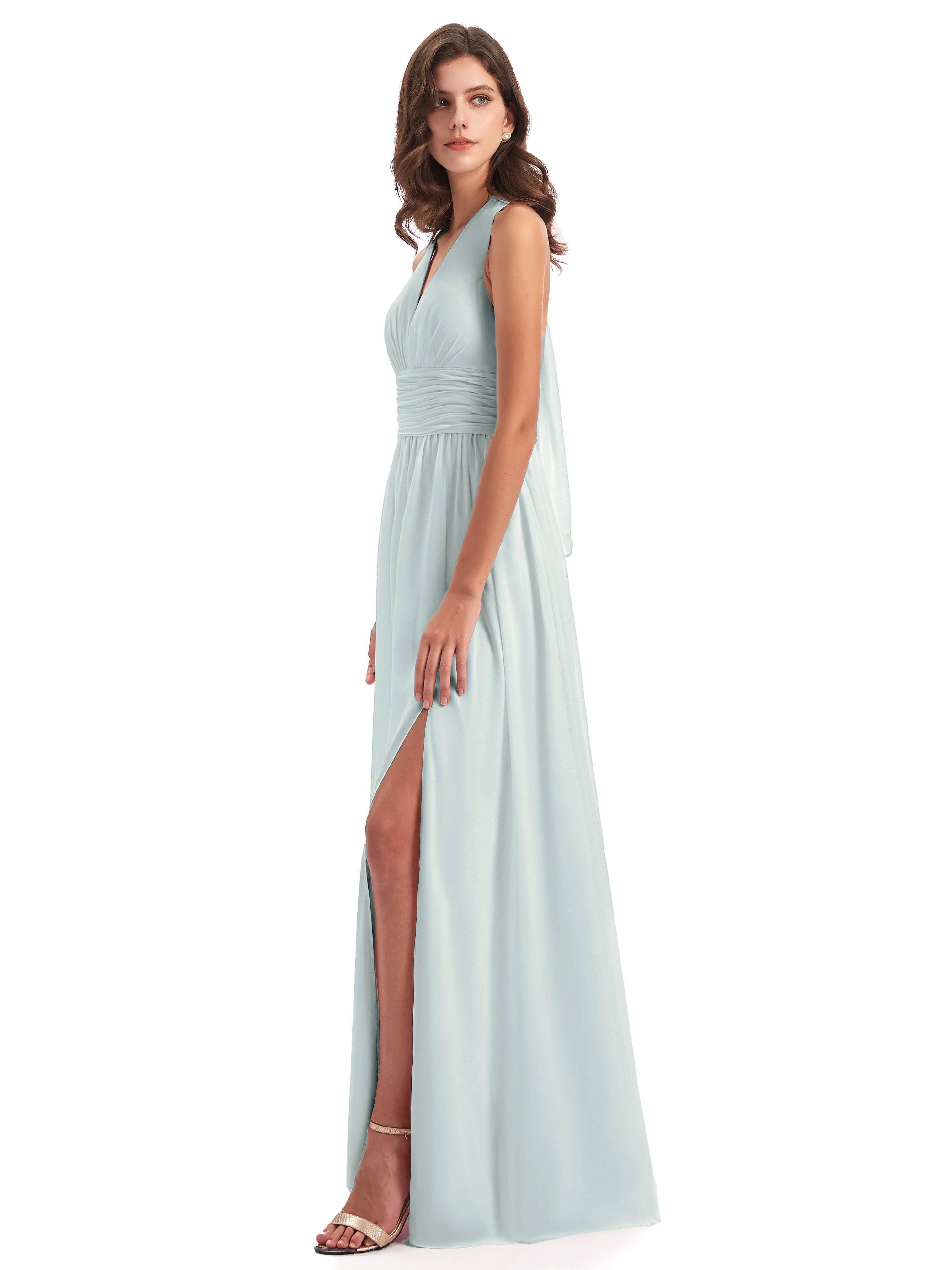 Maisie Fitted V Neck Split Long Chiffon Bridesmaid Dresses